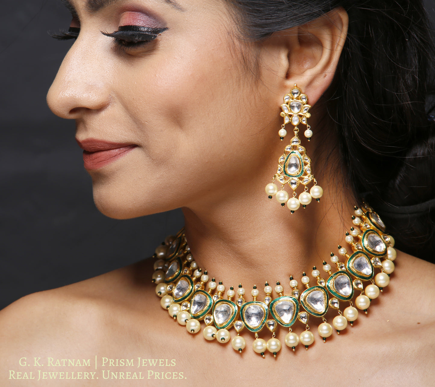 18k Gold and Diamond Polki green-enamel Necklace Set with big uncut diamonds - gold diamond polki kundan meena jadau jewellery