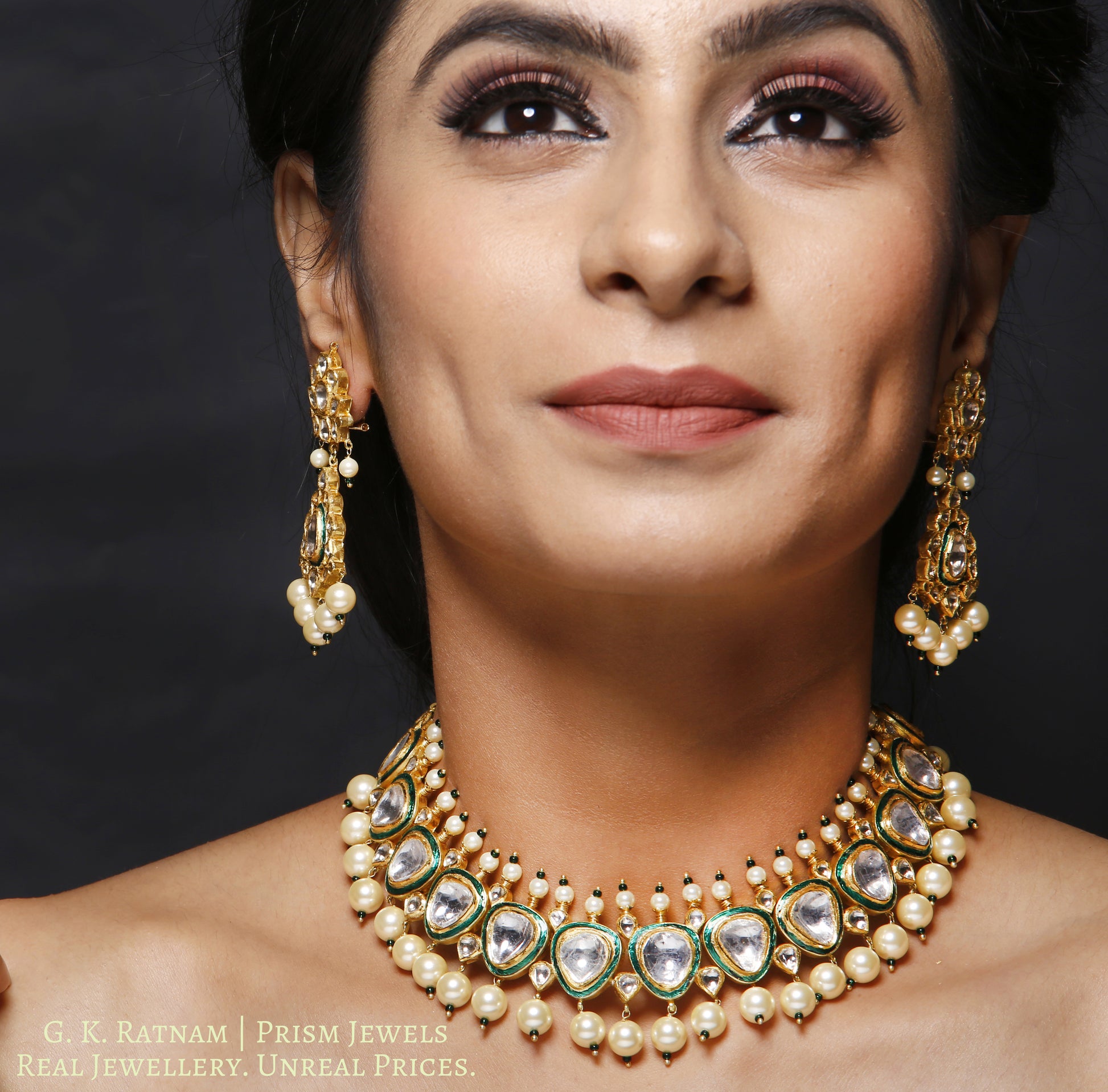 18k Gold and Diamond Polki green-enamel Necklace Set with big uncut diamonds - gold diamond polki kundan meena jadau jewellery
