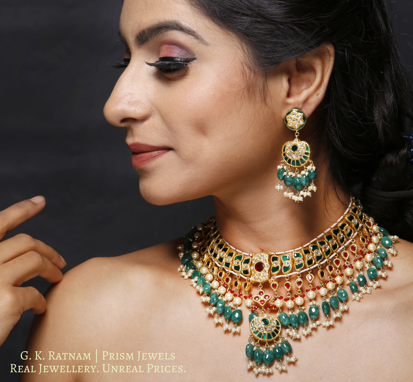 23k Gold and Diamond Polki south-style Necklace Set with ruby-red and emerald-green stones - gold diamond polki kundan meena jadau jewellery
