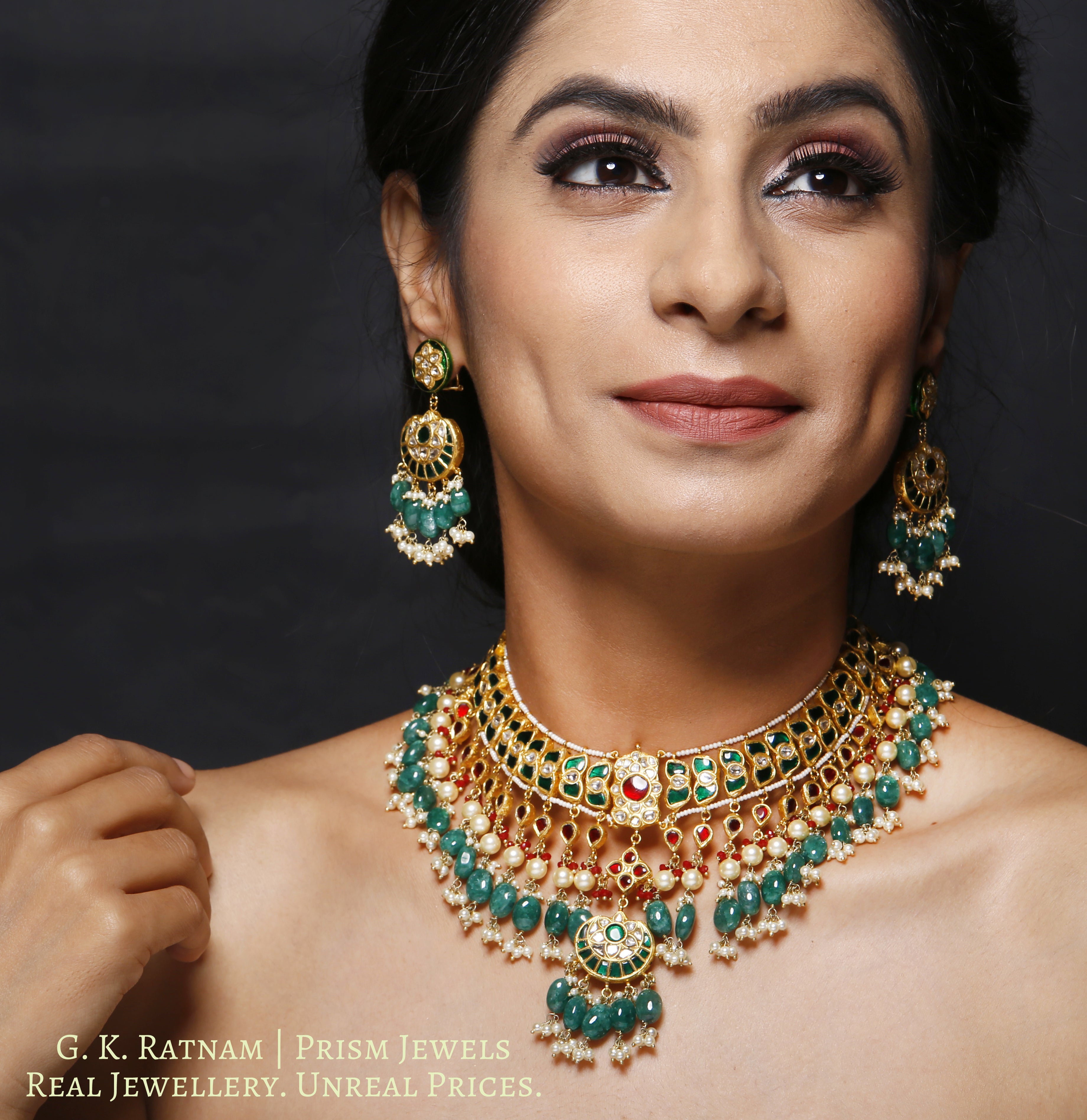 23k Gold and Diamond Polki south-style Necklace Set with ruby-red and emerald-green stones - gold diamond polki kundan meena jadau jewellery