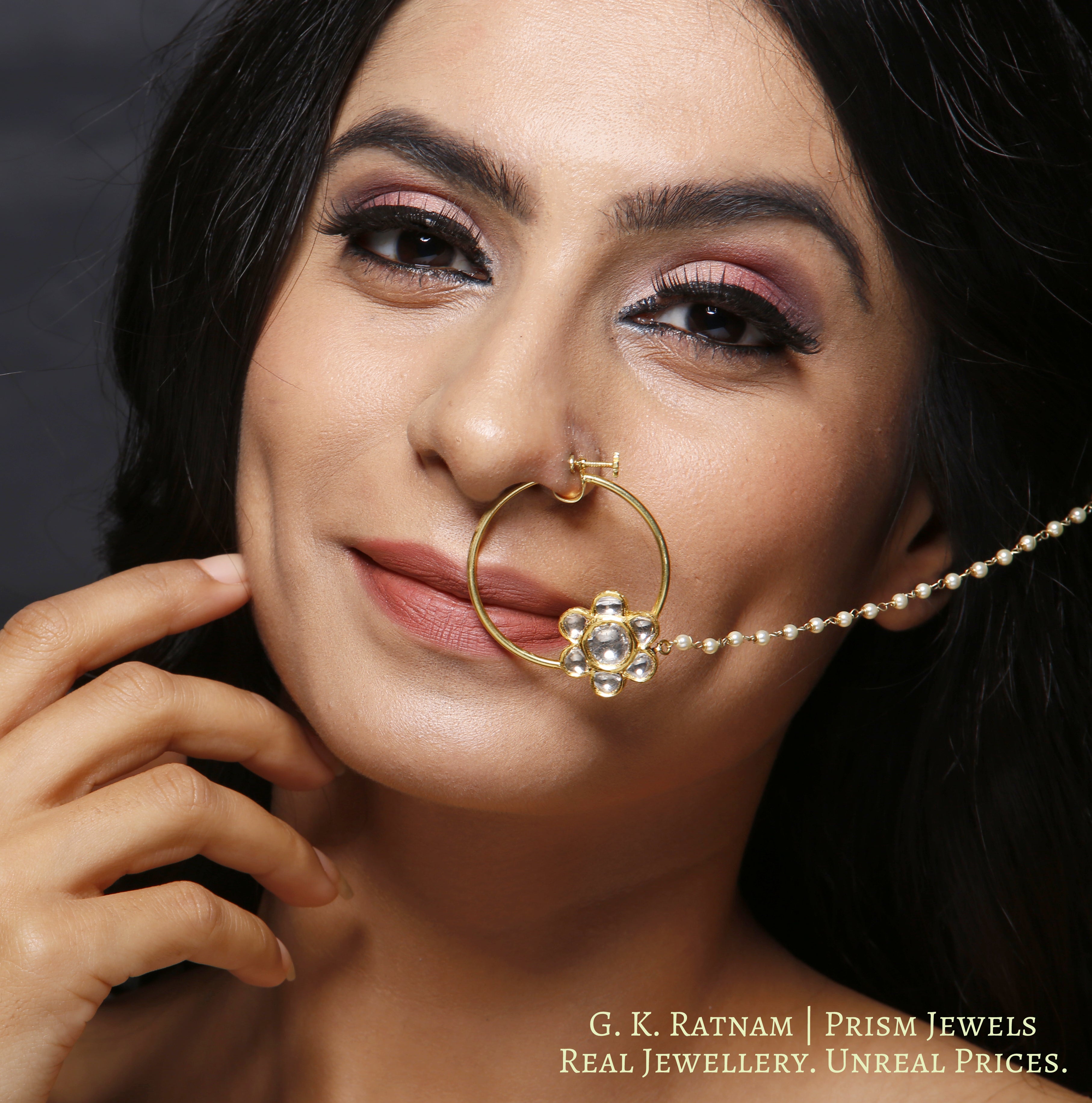 18k Gold and Diamond Polki floral Nose Ring with pearl chain support - G. K. Ratnam