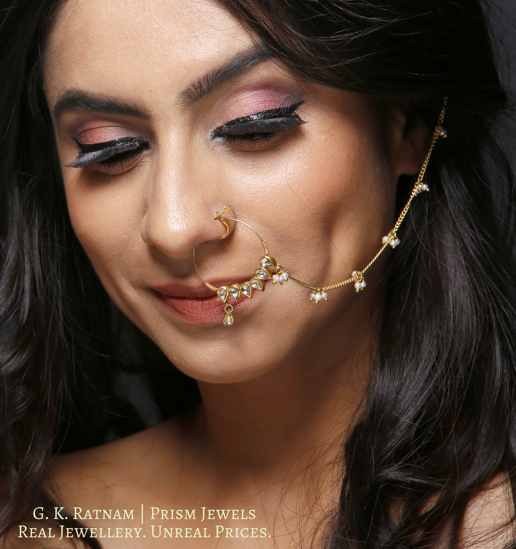 18k Gold and Diamond Polki Nose Ring with chain support - G. K. Ratnam