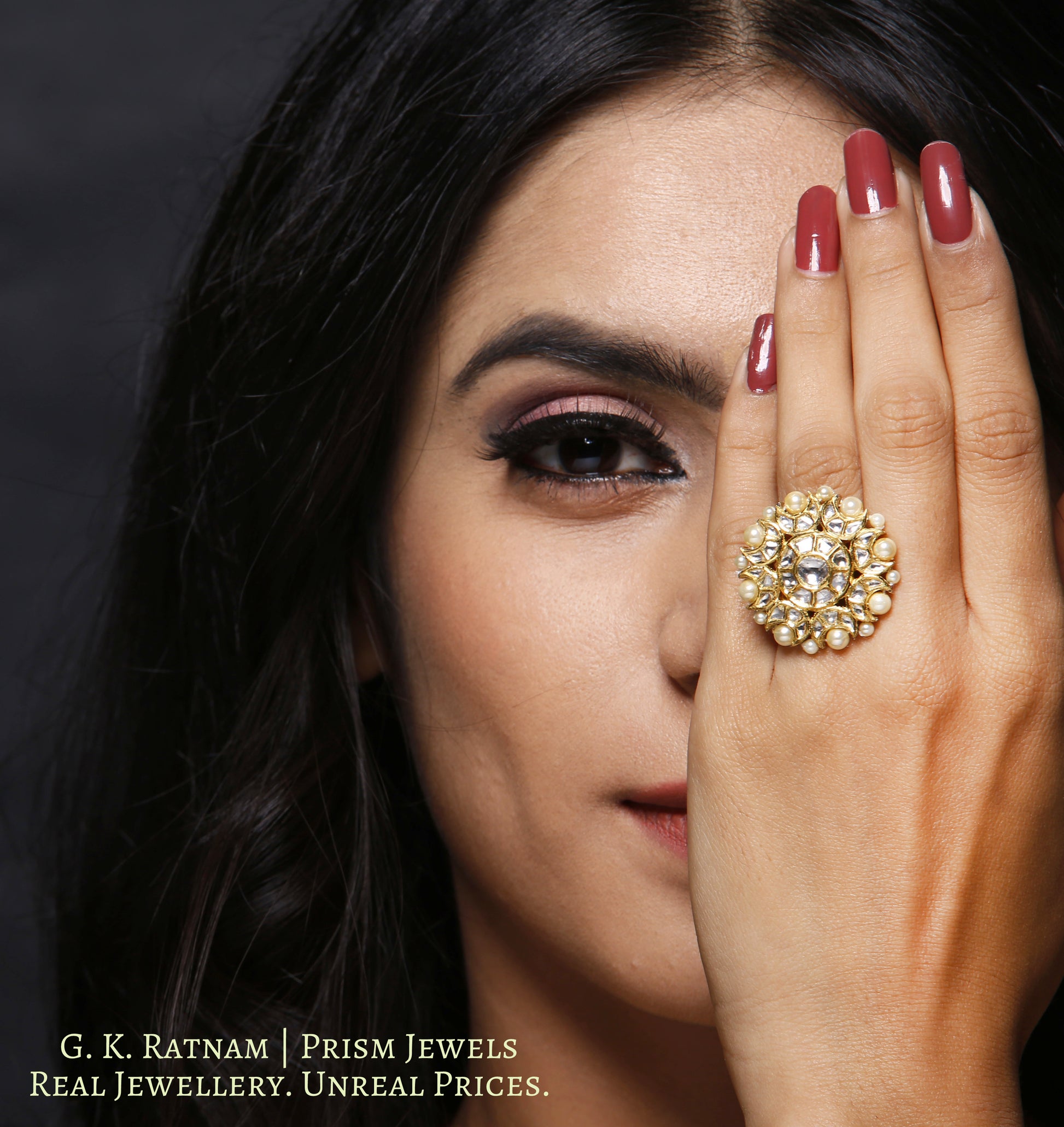 18k Gold and Diamond Polki Round Ring with Pearl Border - gold diamond polki kundan meena jadau jewellery