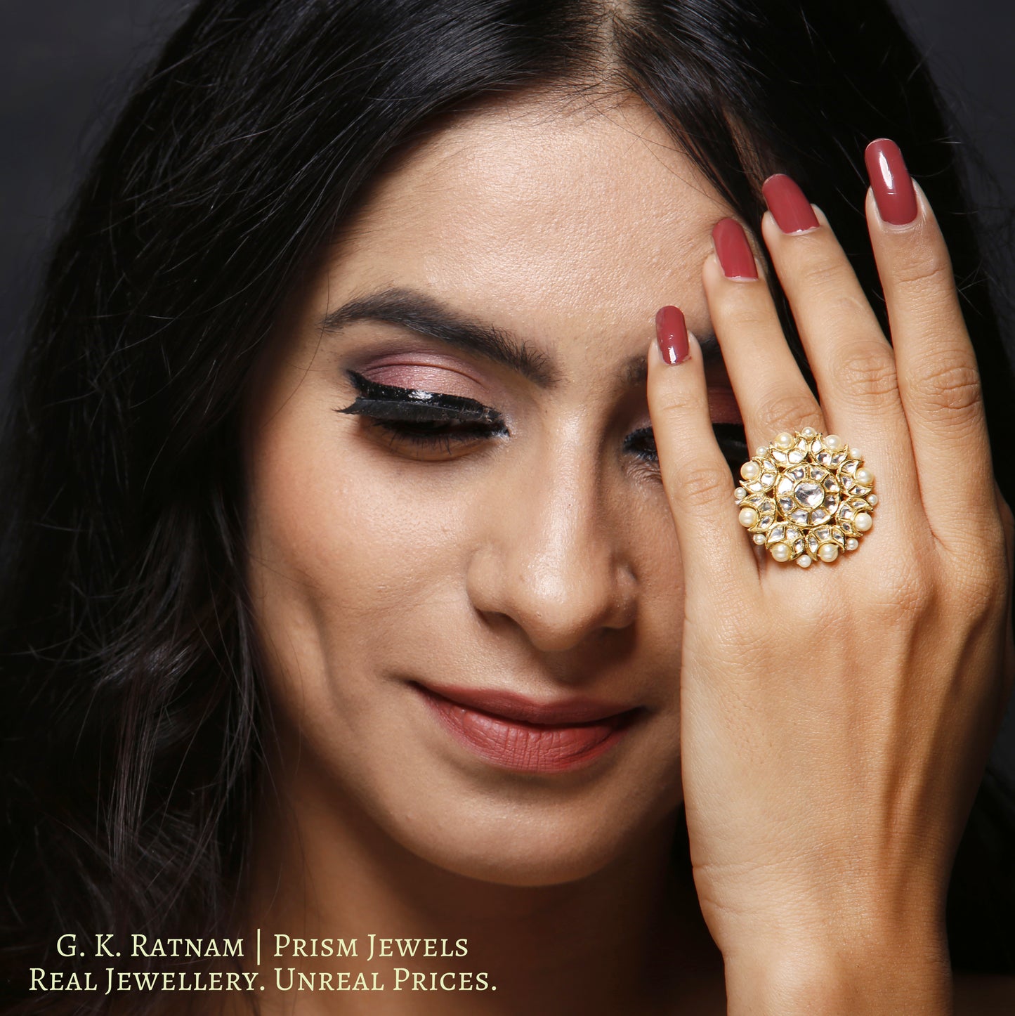 18k Gold and Diamond Polki Round Ring with Pearl Border - gold diamond polki kundan meena jadau jewellery