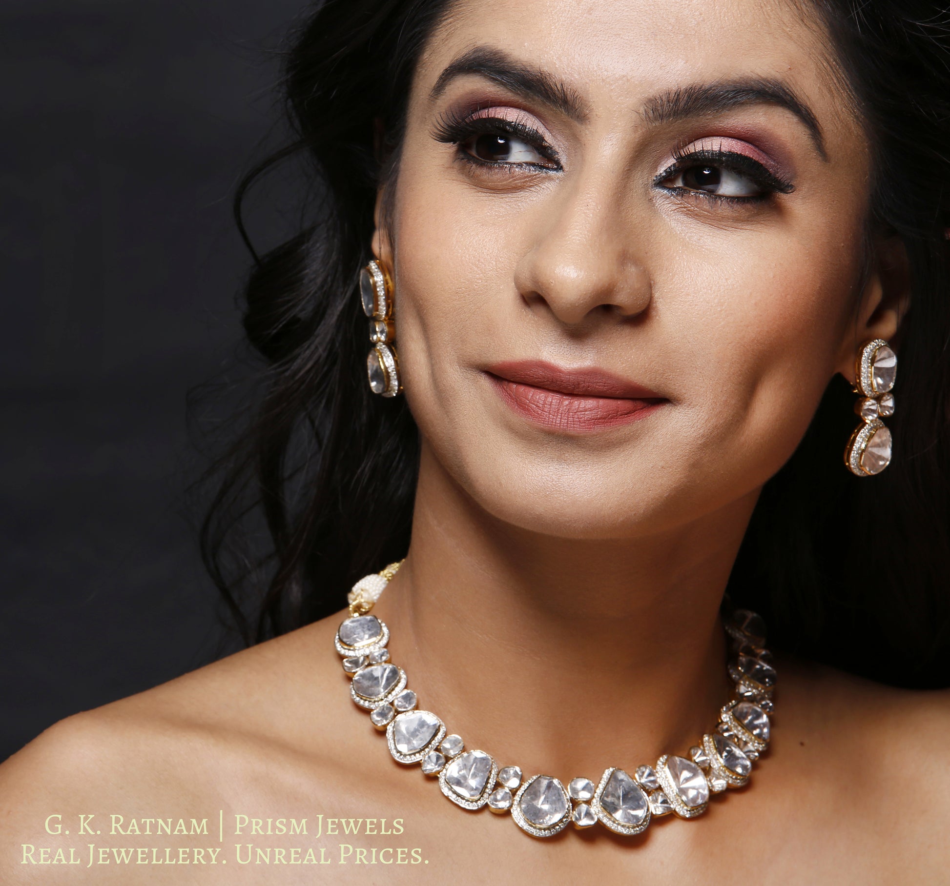 14k Gold and Diamond Polki Open Setting Necklace Set with Big Uncut Diamonds - gold diamond polki kundan meena jadau jewellery