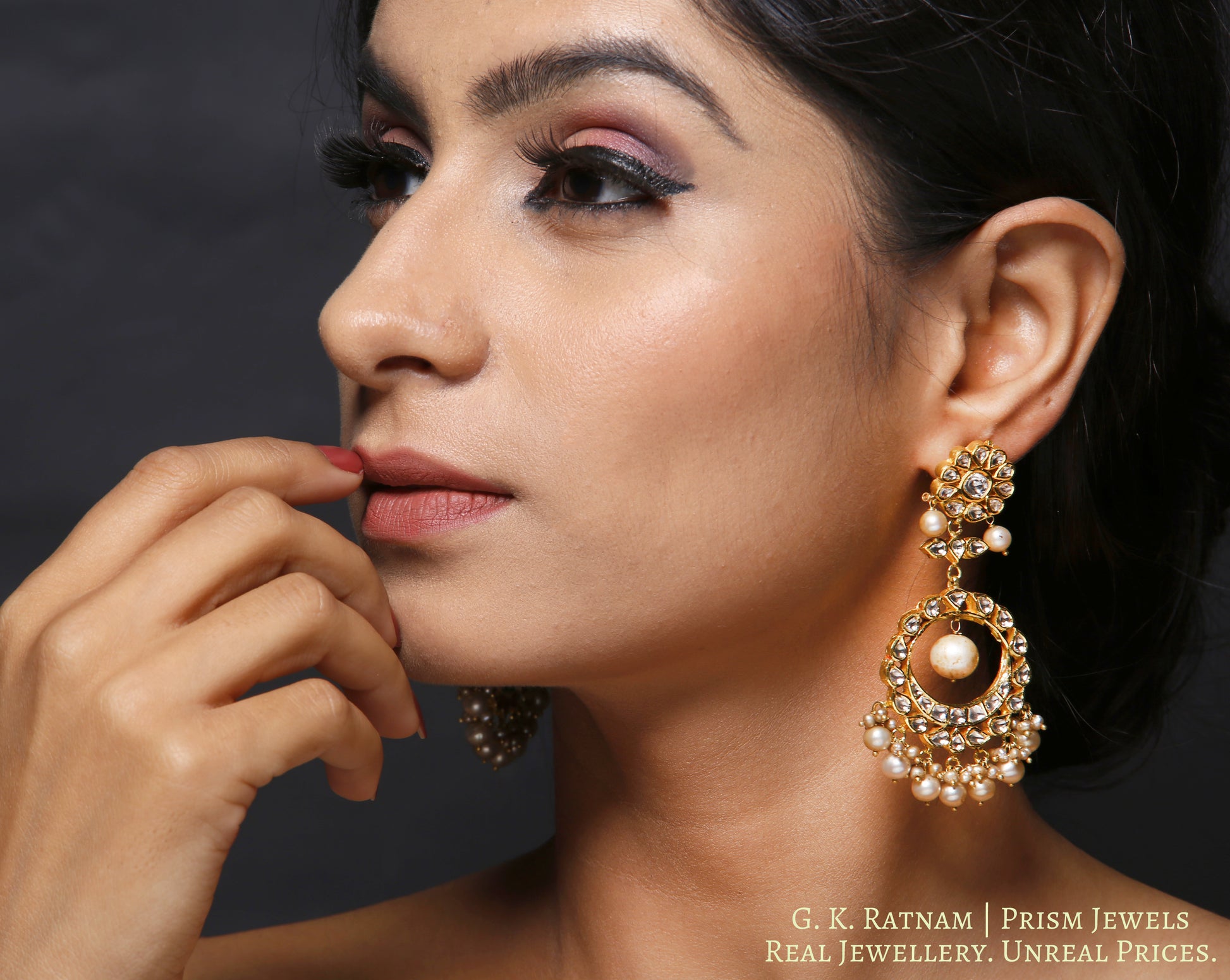 Traditional Gold and Diamond Polki Chand Bali Earring Pair with Antique Pearls - gold diamond polki kundan meena jadau jewellery