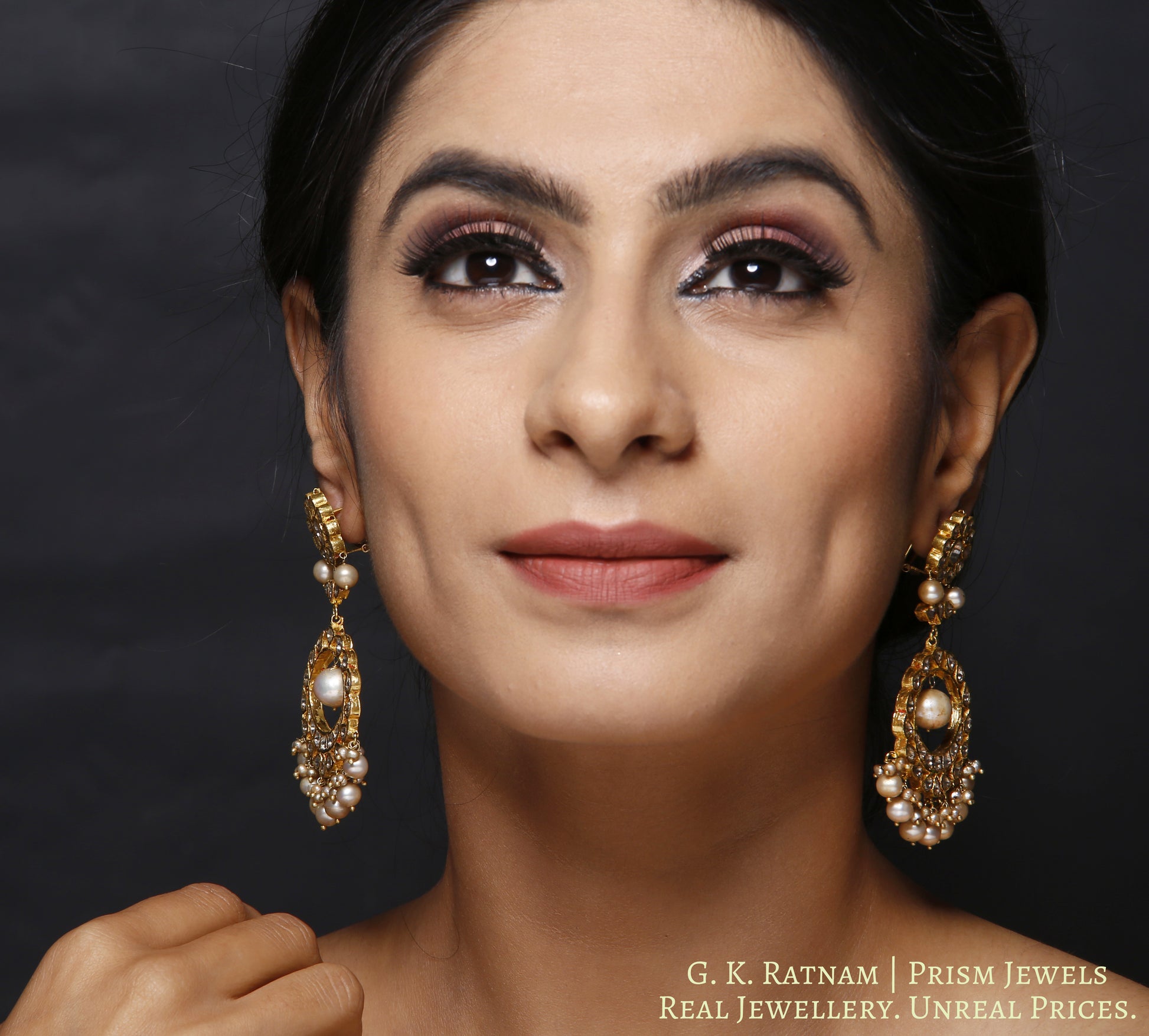 Traditional Gold and Diamond Polki Chand Bali Earring Pair with Antique Pearls - gold diamond polki kundan meena jadau jewellery