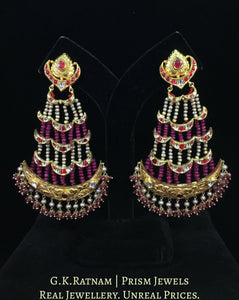 18k Gold and Diamond Polki Chandelier Earring Pair with Natural Rubies and Antiqued Freshwater Pearls