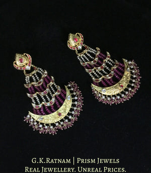 18k Gold and Diamond Polki Chandelier Earring Pair with Natural Rubies and Antiqued Freshwater Pearls