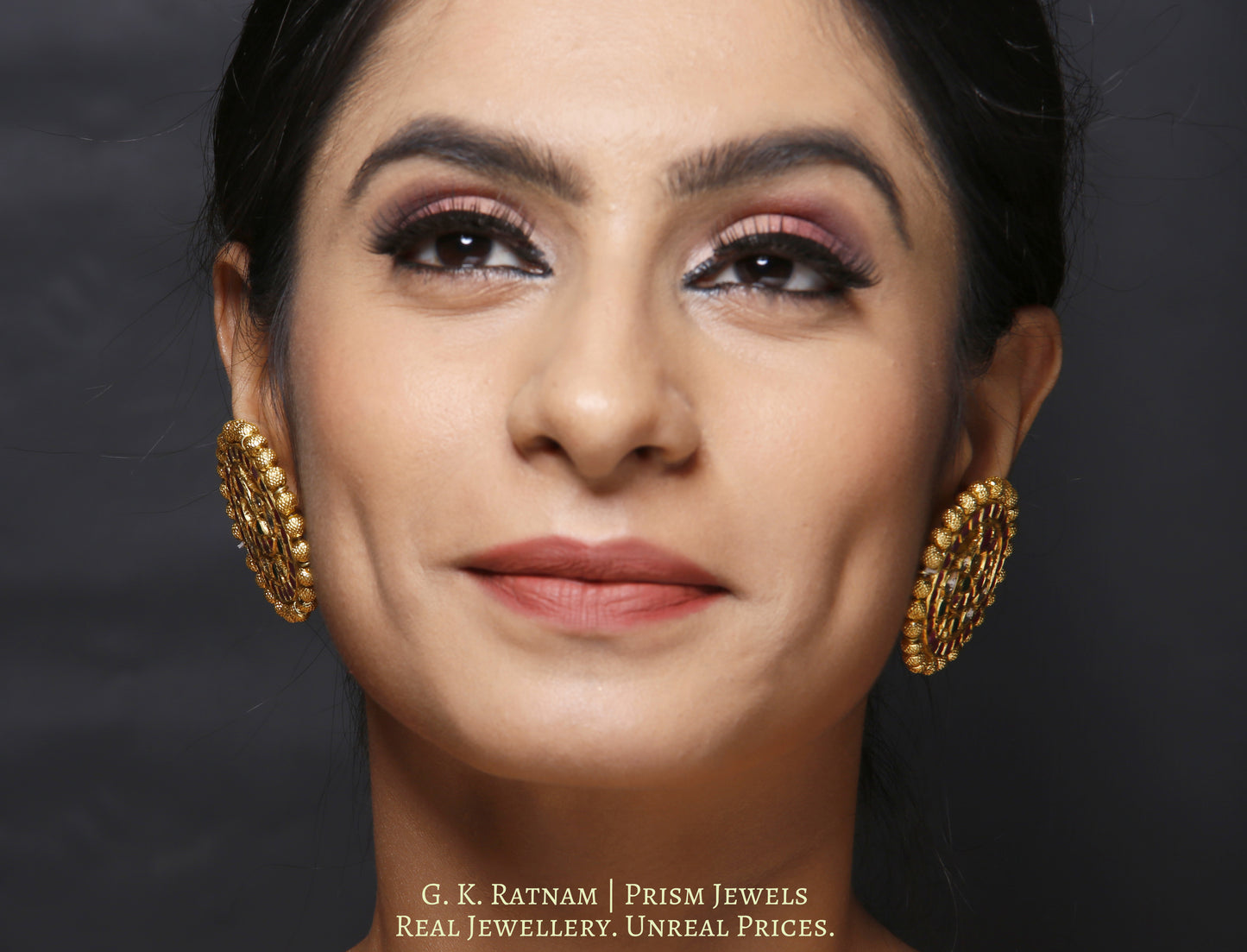 18k Gold and Diamond Polki Karanphool Earring Pair with Rubies, Emeralds and a rim of gold beads - gold diamond polki kundan meena jadau jewellery