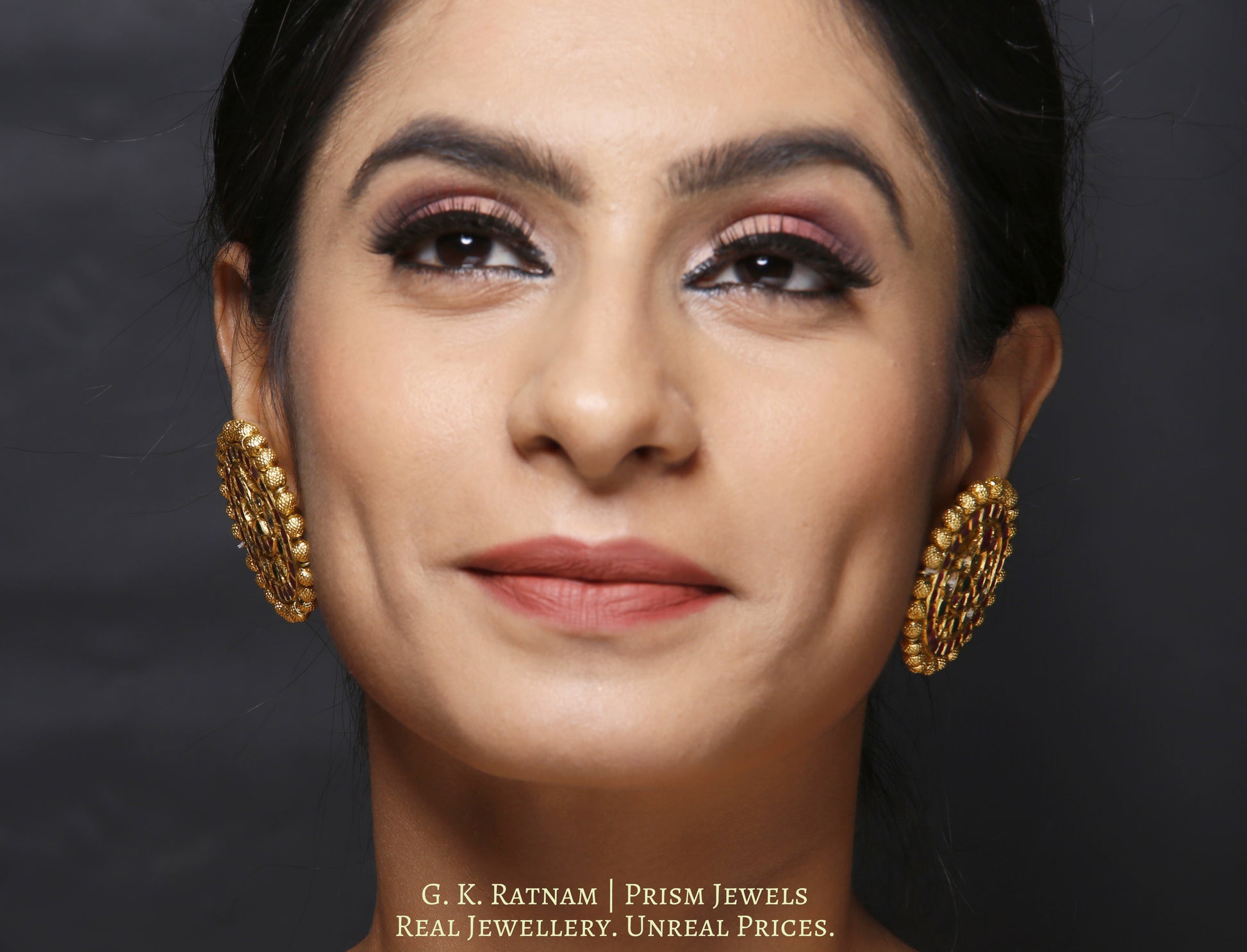 18k Gold and Diamond Polki Karanphool Earring Pair with Rubies, Emeralds and a rim of gold beads - gold diamond polki kundan meena jadau jewellery