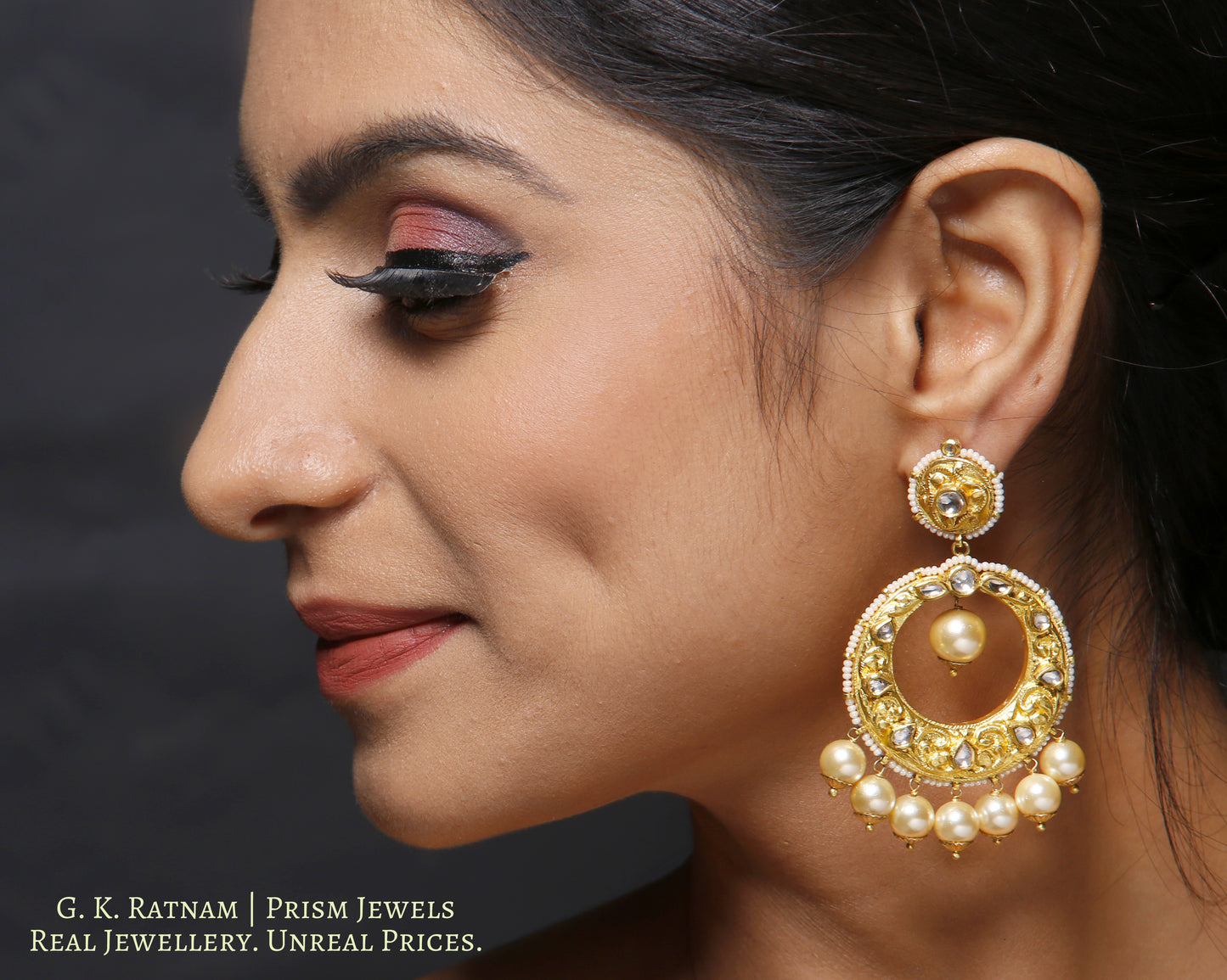 18k Gold and Diamond Polki Chand Bali Earring Pair with Chitai - G. K. Ratnam