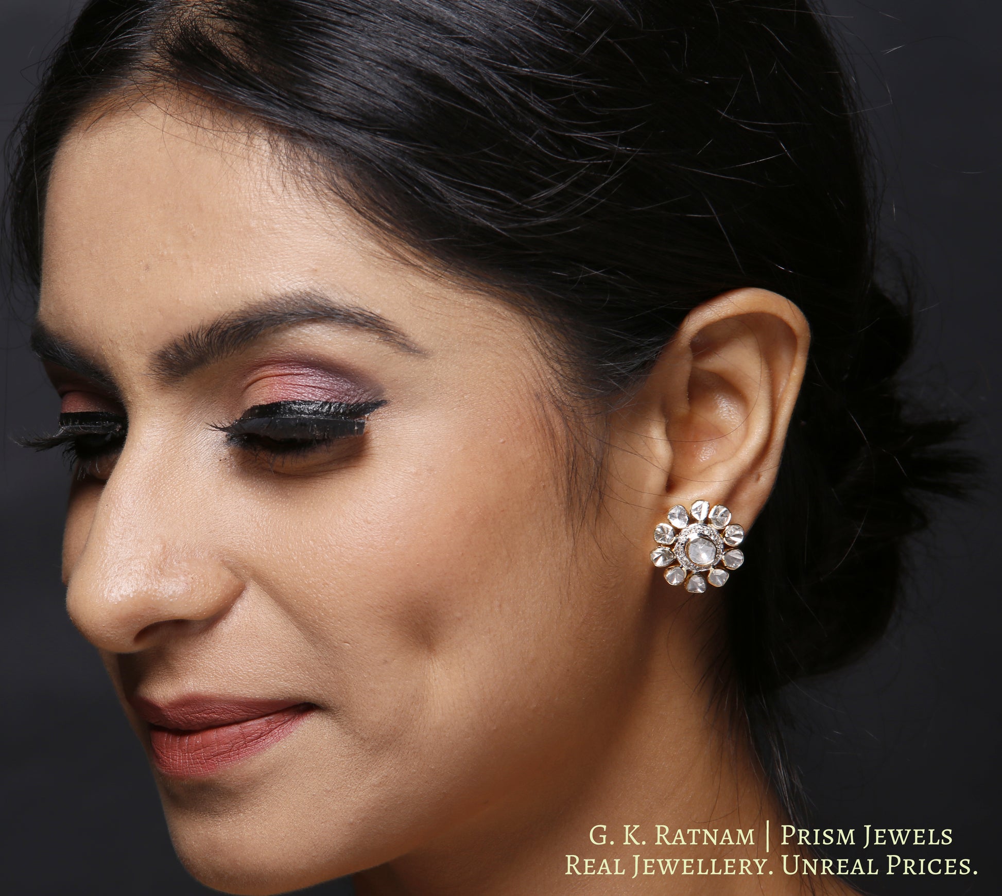 14k Gold and Diamond Polki Open Setting floral Tops / Studs Earring Pair - gold diamond polki kundan meena jadau jewellery