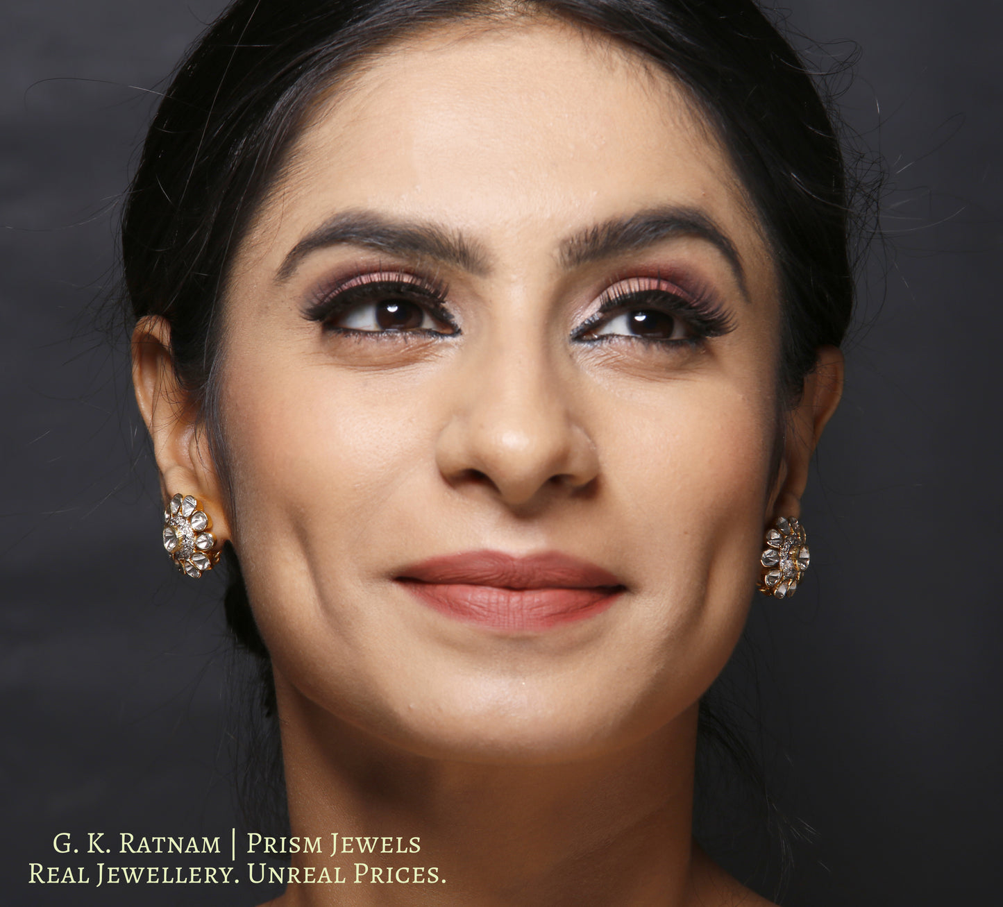 14k Gold and Diamond Polki Open Setting floral Tops / Studs Earring Pair - gold diamond polki kundan meena jadau jewellery
