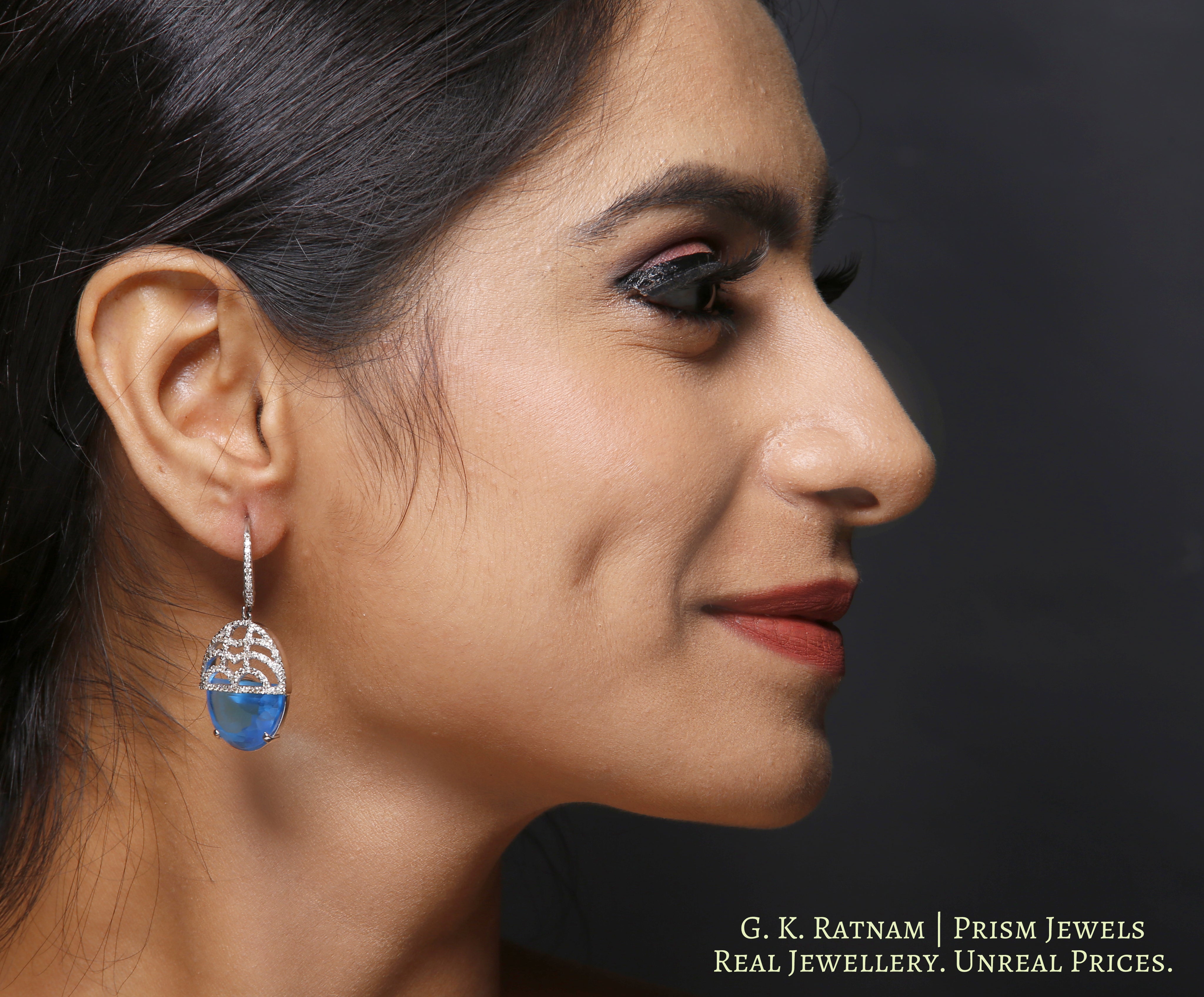 14k Gold and Diamond Bali / Hoop Earring with aquamarine blue cut stone - gold diamond polki kundan meena jadau jewellery