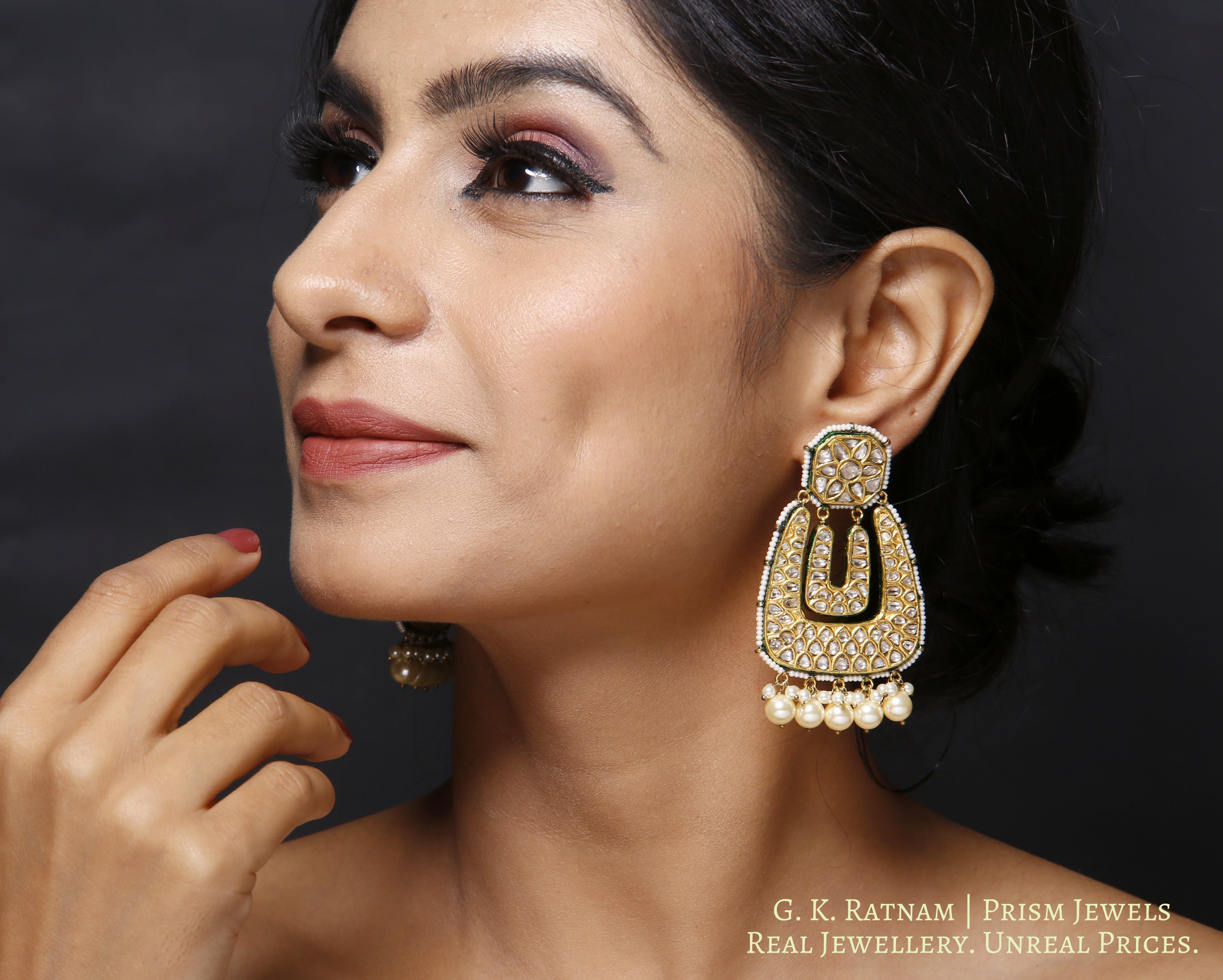 23k Gold and Diamond Polki Chand Bali Earring Pair with long U-shaped chands - gold diamond polki kundan meena jadau jewellery