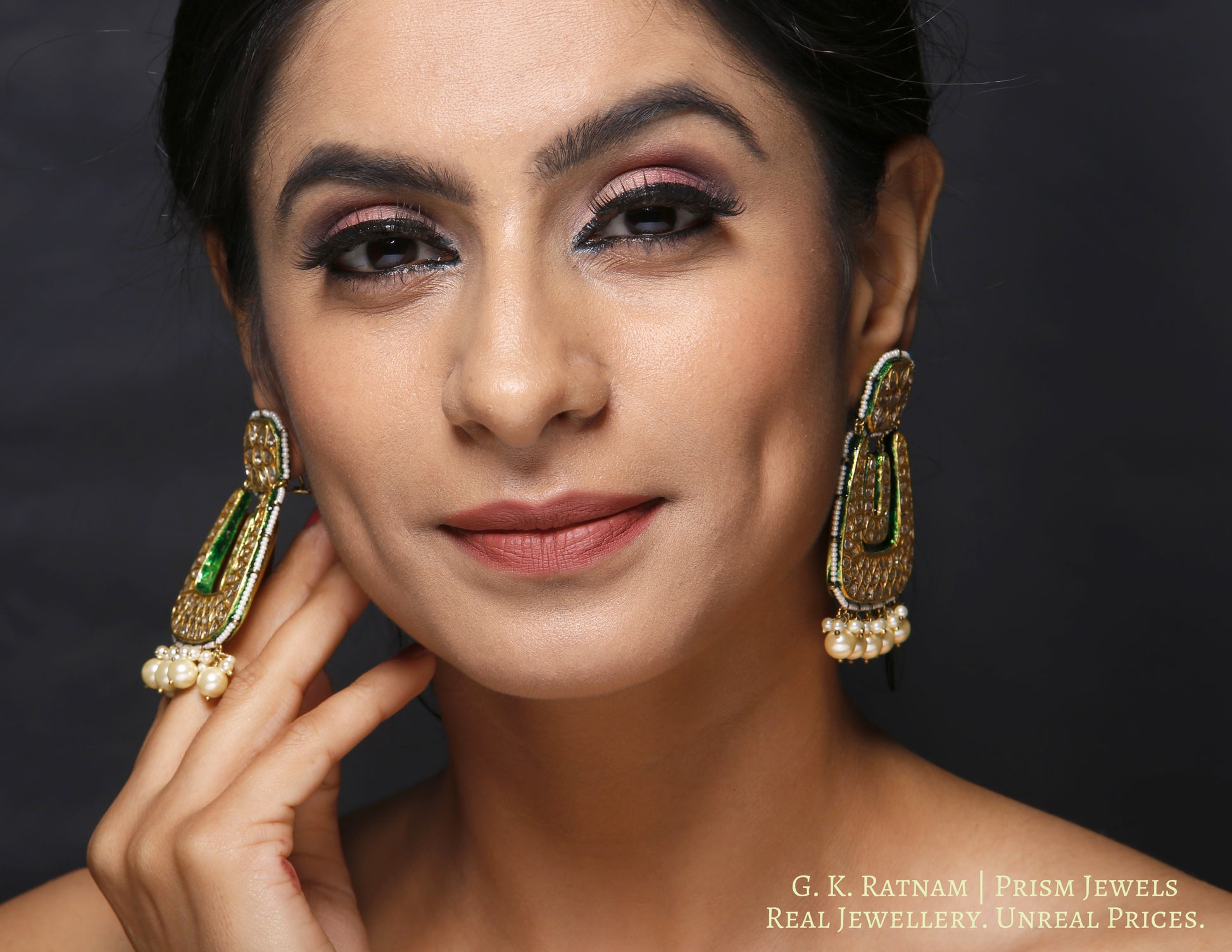 23k Gold and Diamond Polki Chand Bali Earring Pair with long U-shaped chands - gold diamond polki kundan meena jadau jewellery