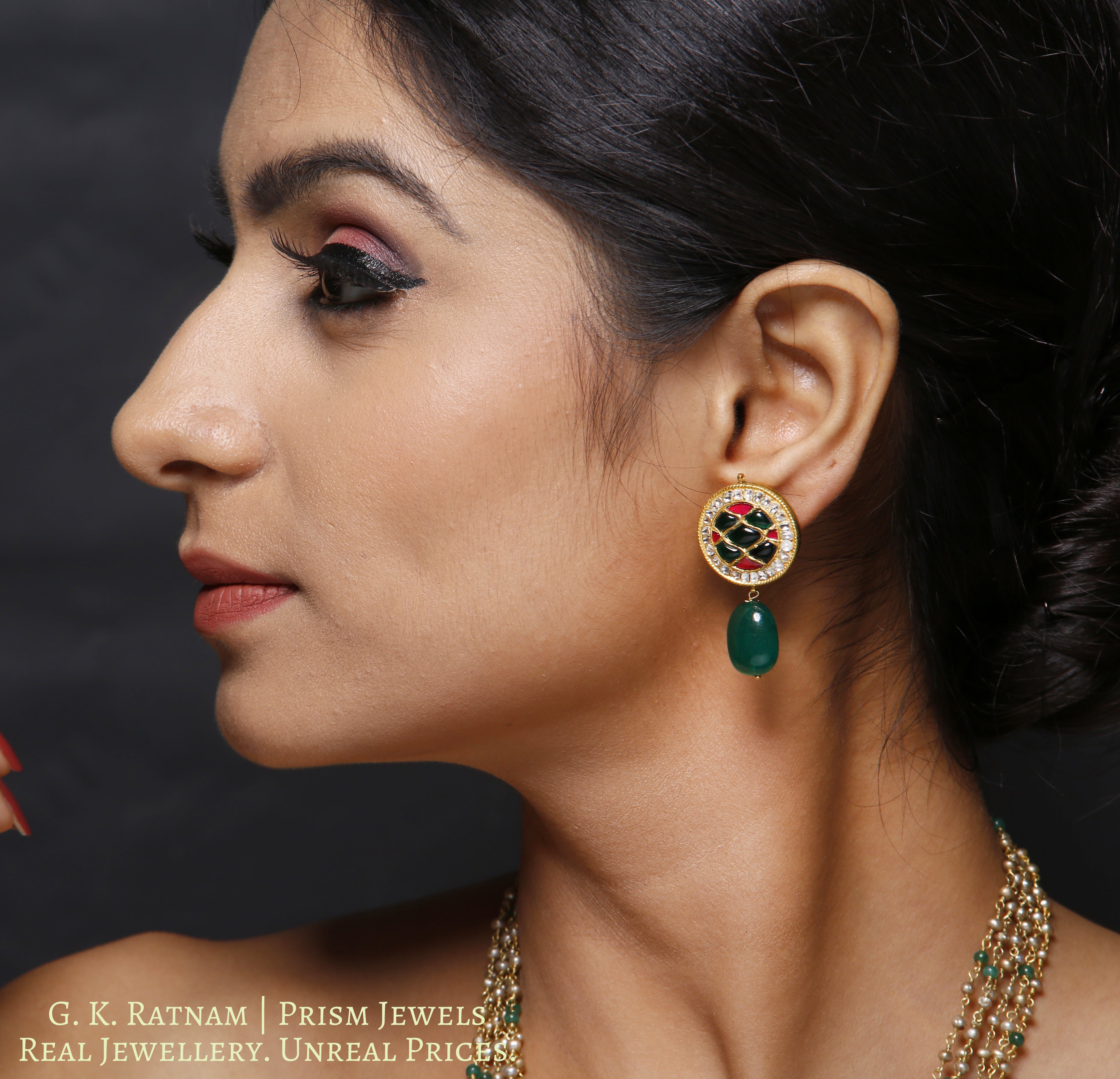 23k Gold and Diamond Polki round red and green Pendant Set with Antiqued freshwater pearl chains - gold diamond polki kundan meena jadau jewellery