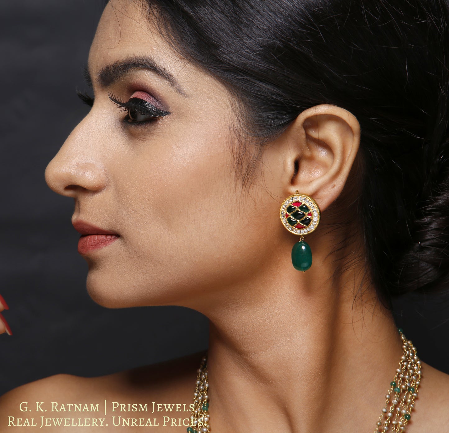 23k Gold and Diamond Polki round red and green Pendant Set with Antiqued freshwater pearl chains - gold diamond polki kundan meena jadau jewellery