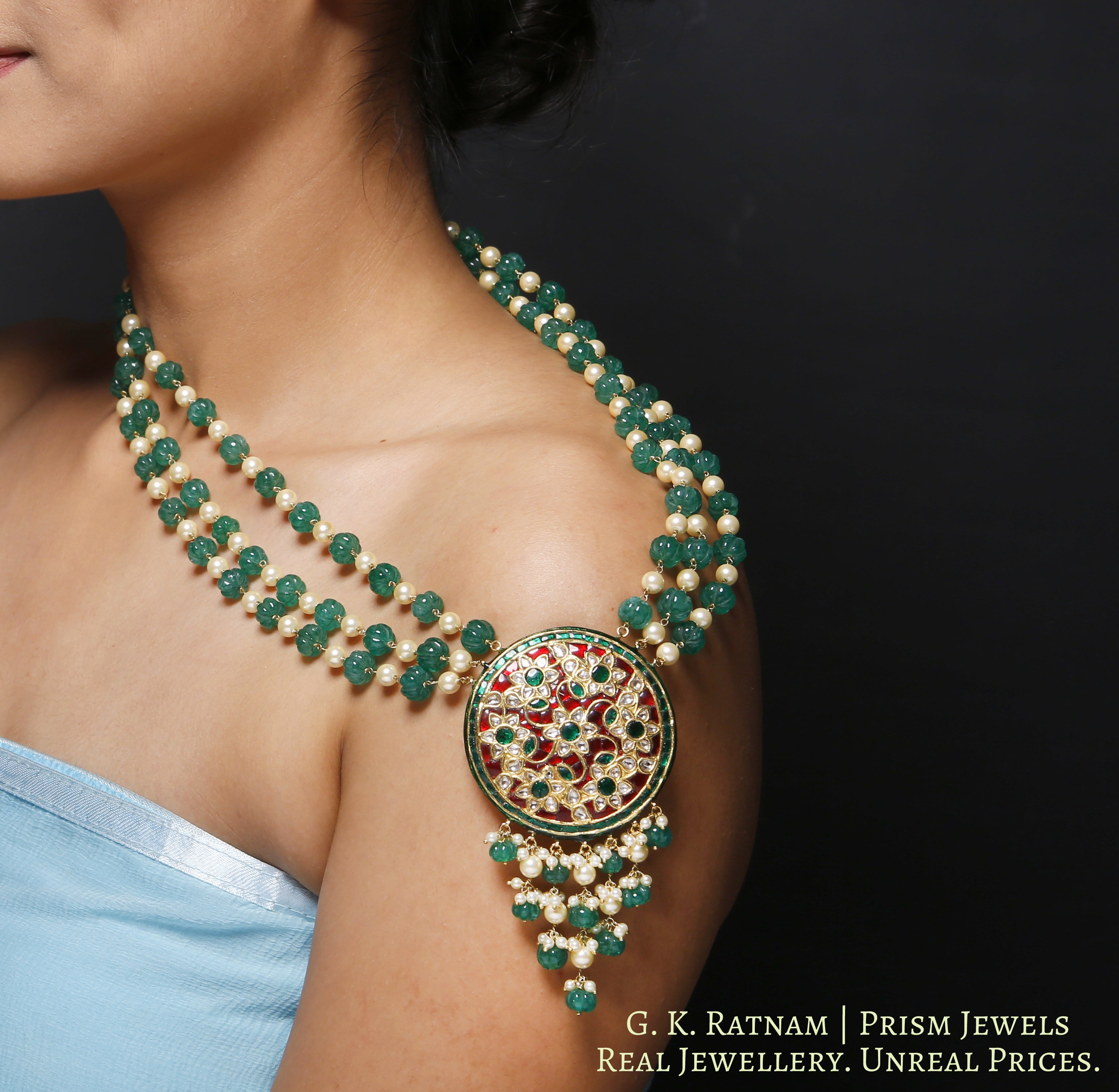 23k Gold and Diamond Polki red-green round Pendant with carved melons and pearls - gold diamond polki kundan meena jadau jewellery
