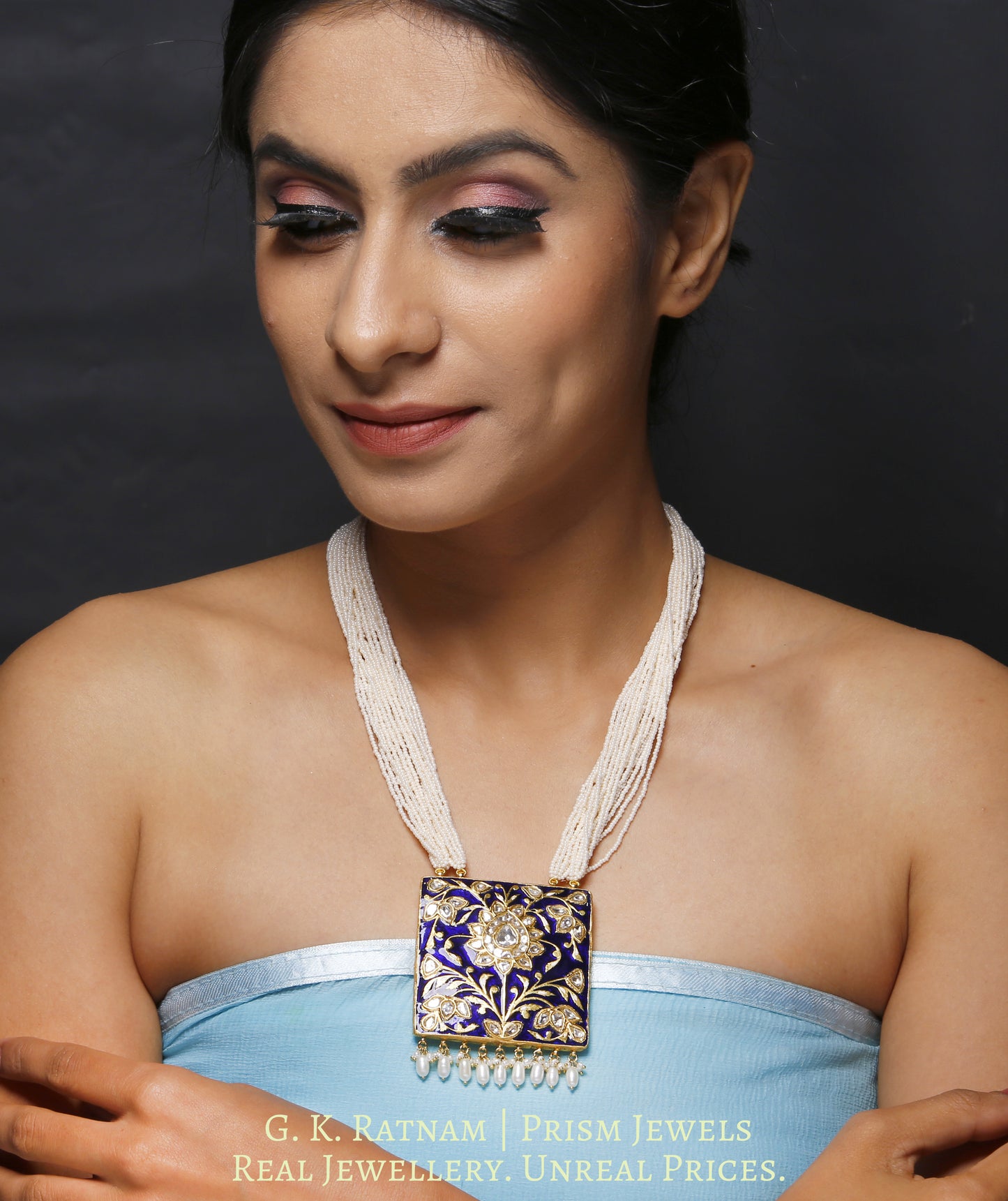 23k Gold and Diamond Polki square royal-blue enamel Pendant with chid pearl bunches - gold diamond polki kundan meena jadau jewellery