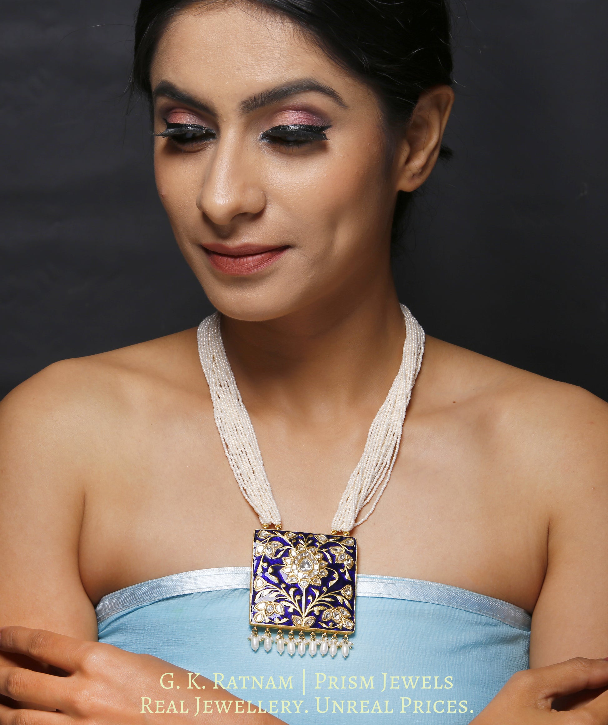 23k Gold and Diamond Polki square royal-blue enamel Pendant with chid pearl bunches - gold diamond polki kundan meena jadau jewellery