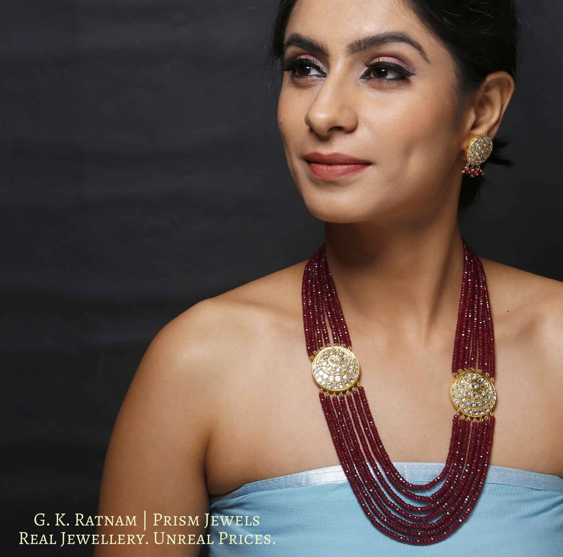 23k Gold and Diamond Polki Broach Necklace Set with Ruby cut beads - gold diamond polki kundan meena jadau jewellery