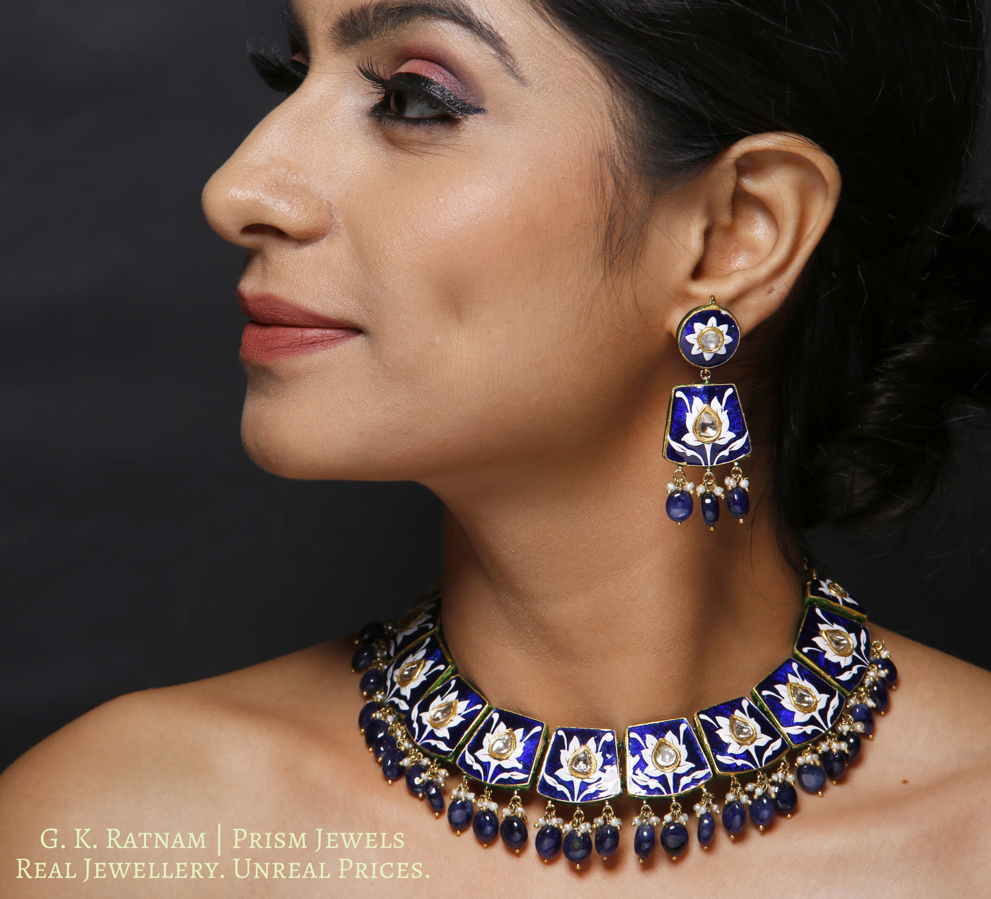 23k Gold and Diamond Polki Necklace Set with exquisite blue pottery and natural blue sapphires - gold diamond polki kundan meena jadau jewellery