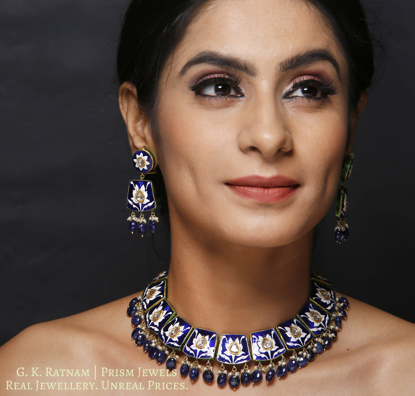 23k Gold and Diamond Polki Necklace Set with exquisite blue pottery and natural blue sapphires - gold diamond polki kundan meena jadau jewellery