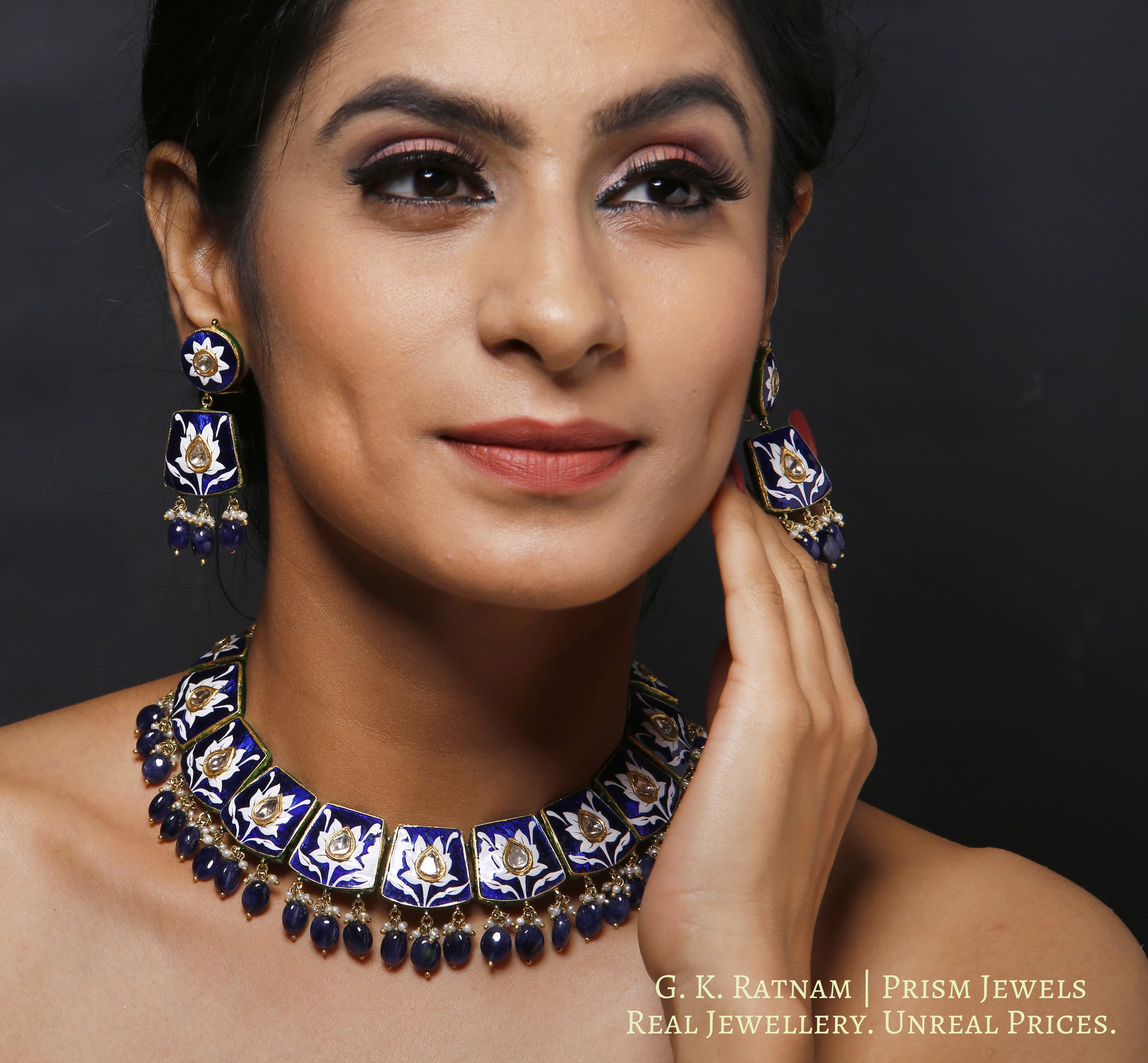 23k Gold and Diamond Polki Necklace Set with exquisite blue pottery and natural blue sapphires - gold diamond polki kundan meena jadau jewellery