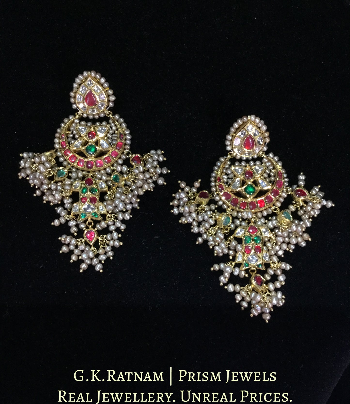 18k Gold and Diamond Polki south-style Chand Bali Earring Pair