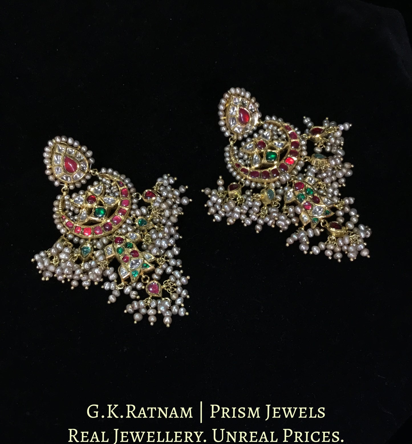 18k Gold and Diamond Polki south-style Chand Bali Earring Pair