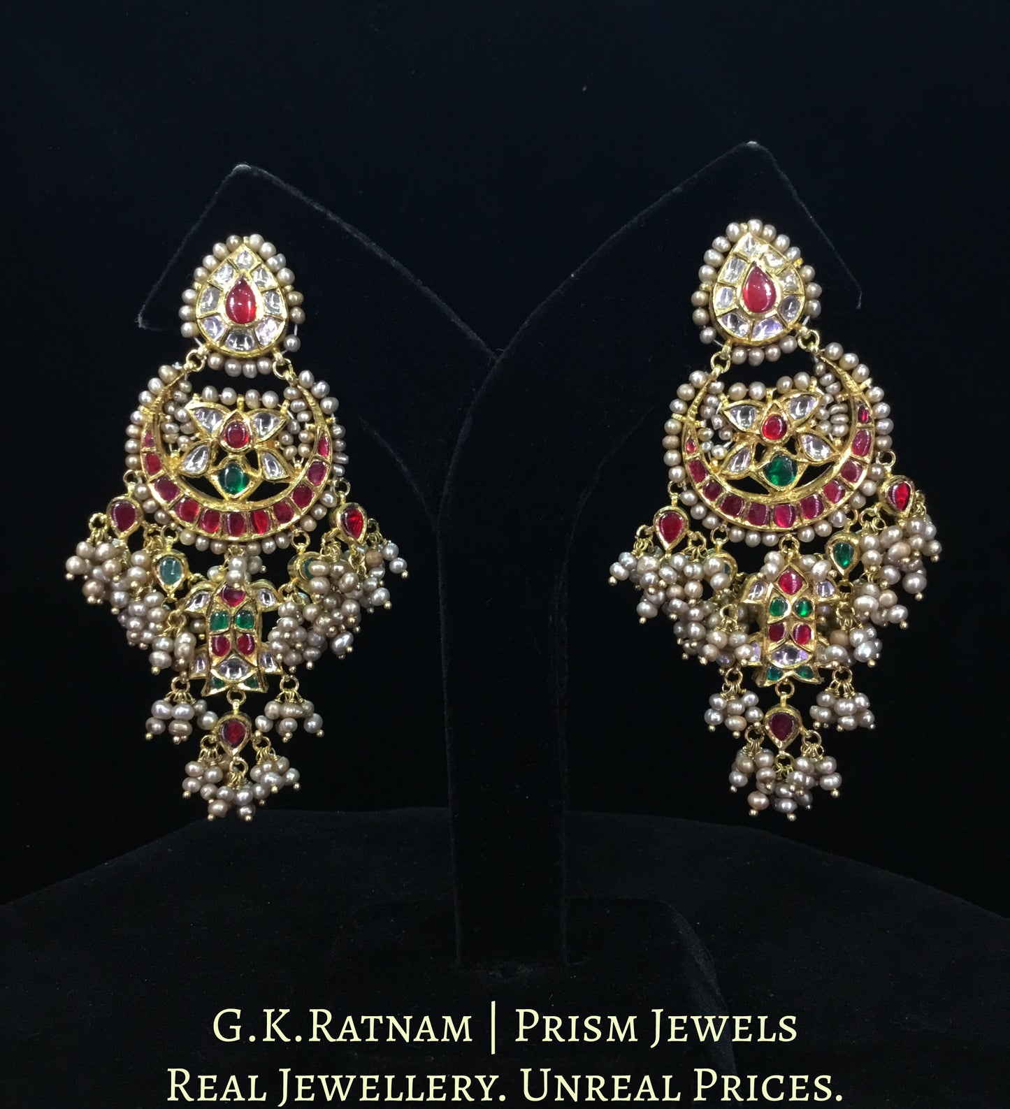 18k Gold and Diamond Polki south-style Chand Bali Earring Pair