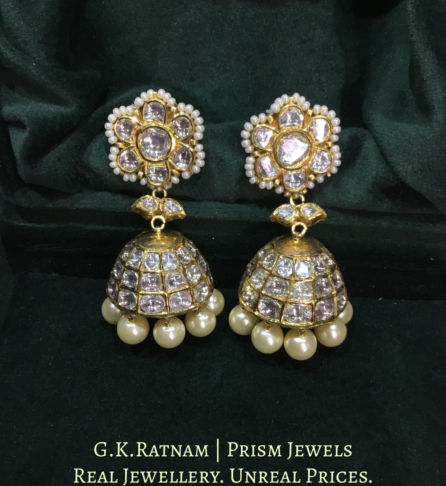 18k Gold and Diamond Polki Jhumki Earring Pair with lustrous Pearls - G. K. Ratnam