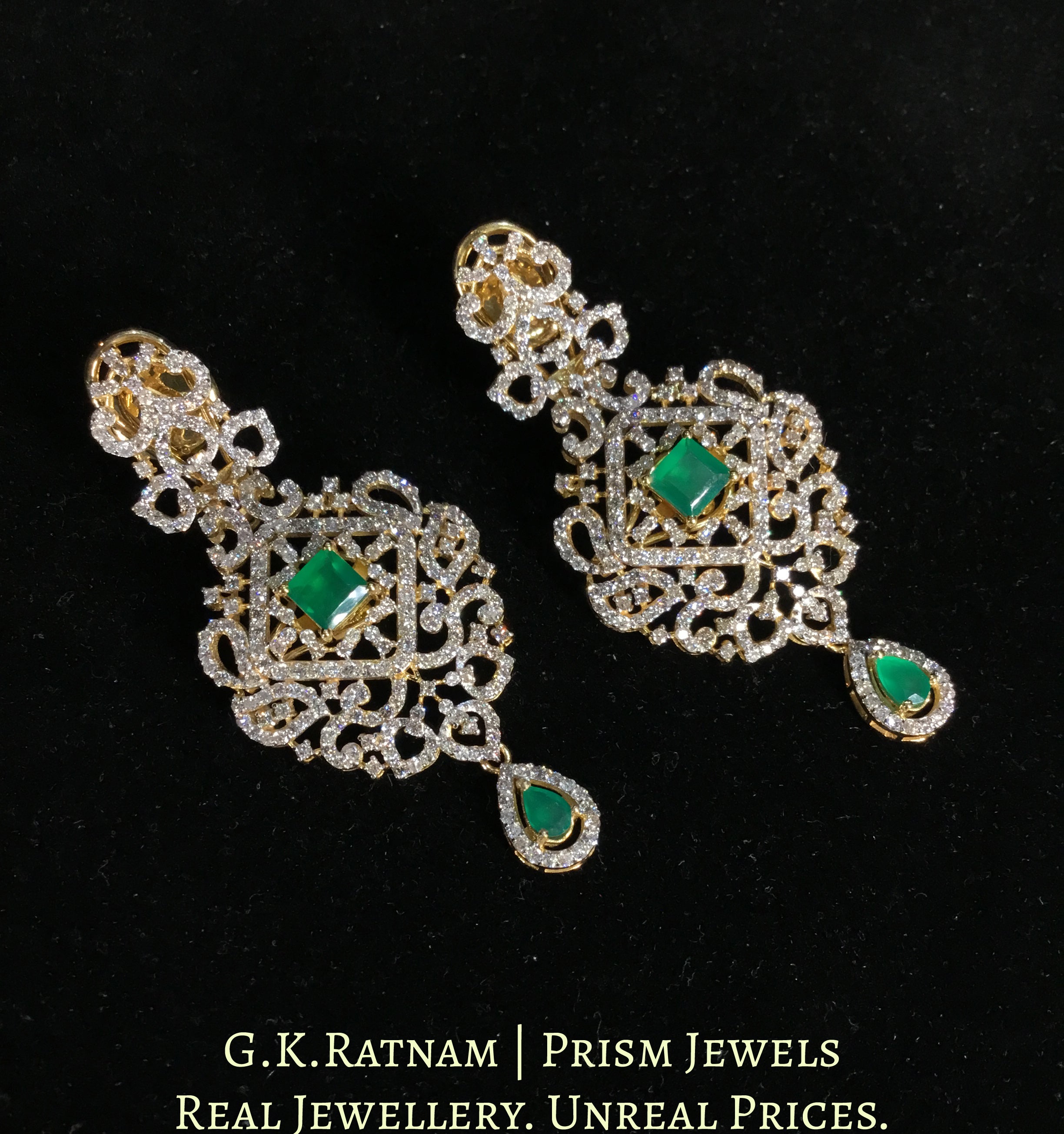 14k Gold and Diamond Long Earring Pair With Emerald-Green Stones