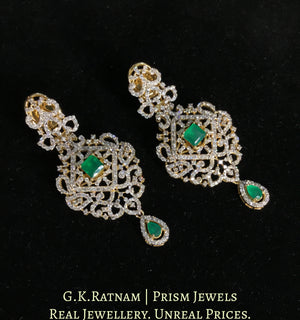 14k Gold and Diamond Long Earring Pair With Emerald-Green Stones