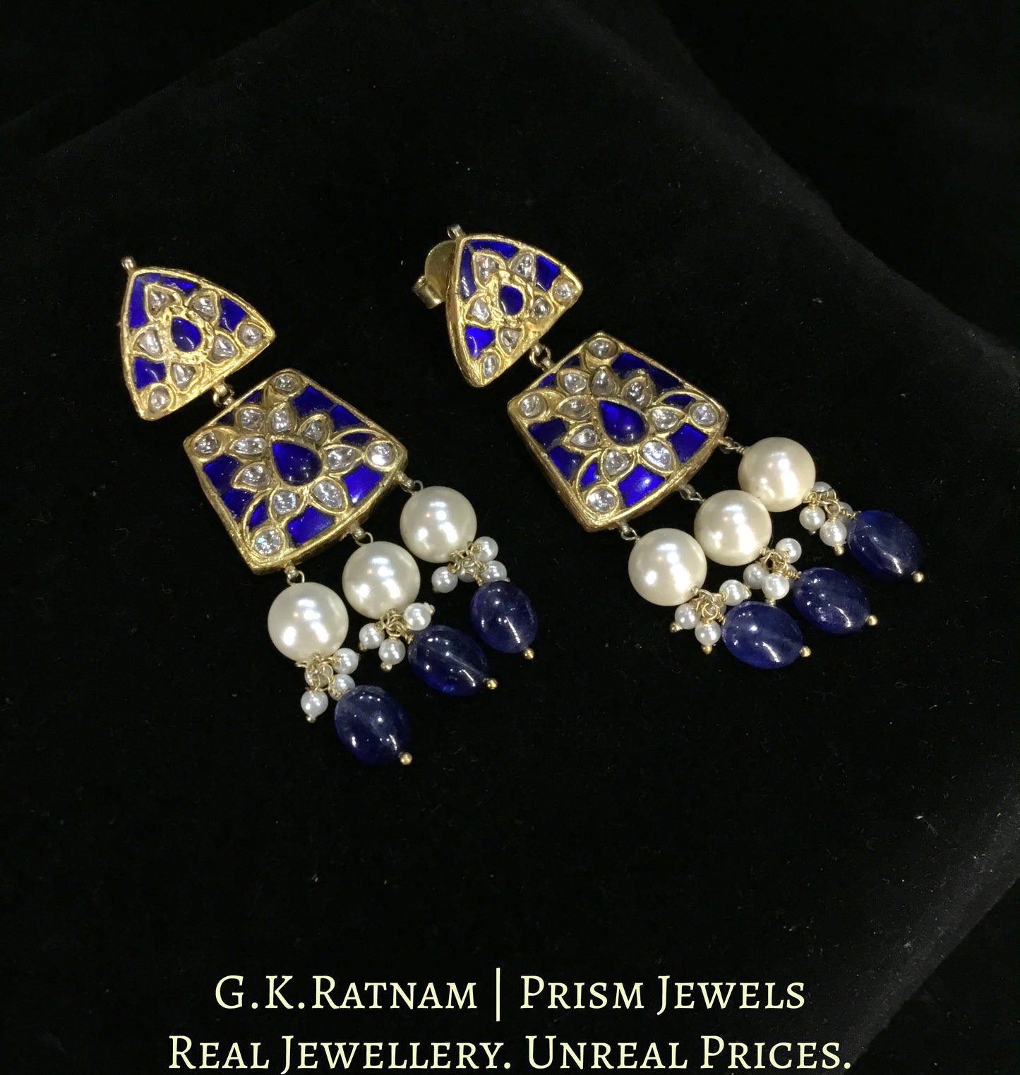 23k Gold and Diamond Polki Necklace Set with Blue Sapphires embedded around Uncuts - G. K. Ratnam