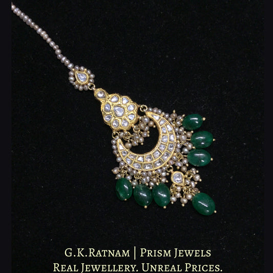 23k Gold and Diamond Polki Maang Tika With Green Beryls and Antiqued Freshwater Pearls