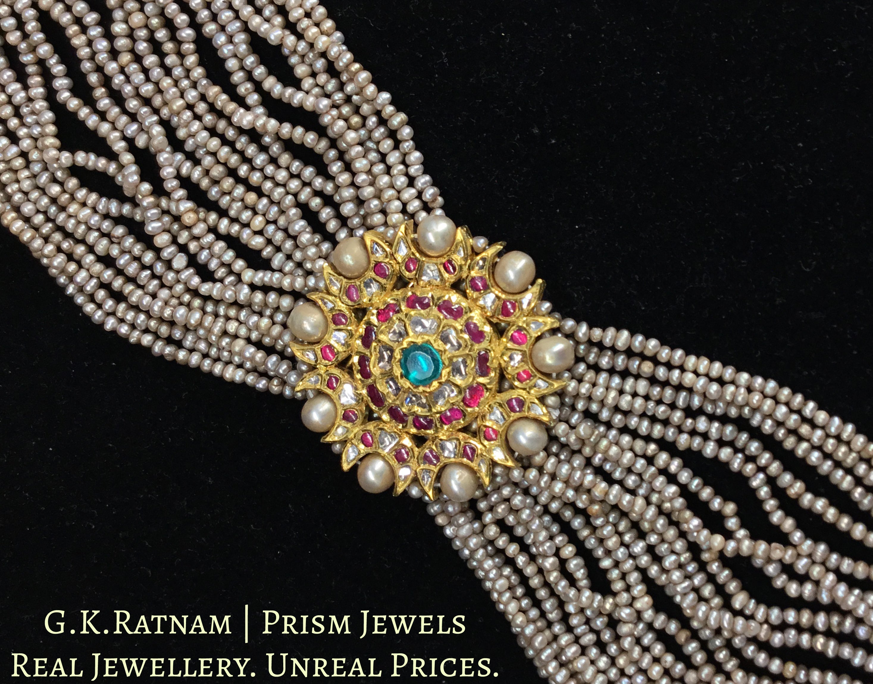 18k Gold and Diamond Polki south-style Choker Necklace With Antiqued Hyderabadi Pearls