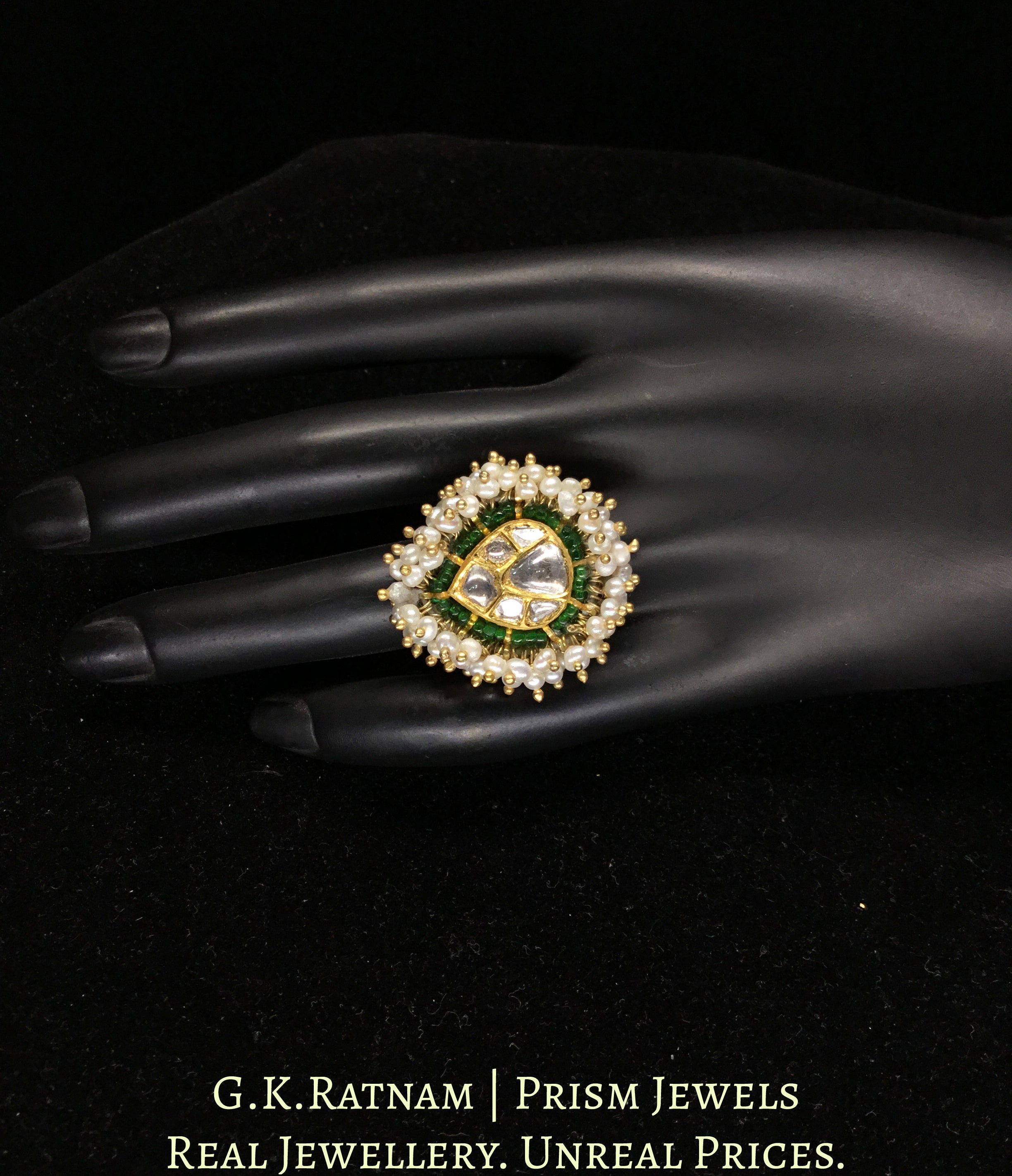 18K Gold and Diamond Polki pear-shaped Ring with Natural Freshwater Pearls