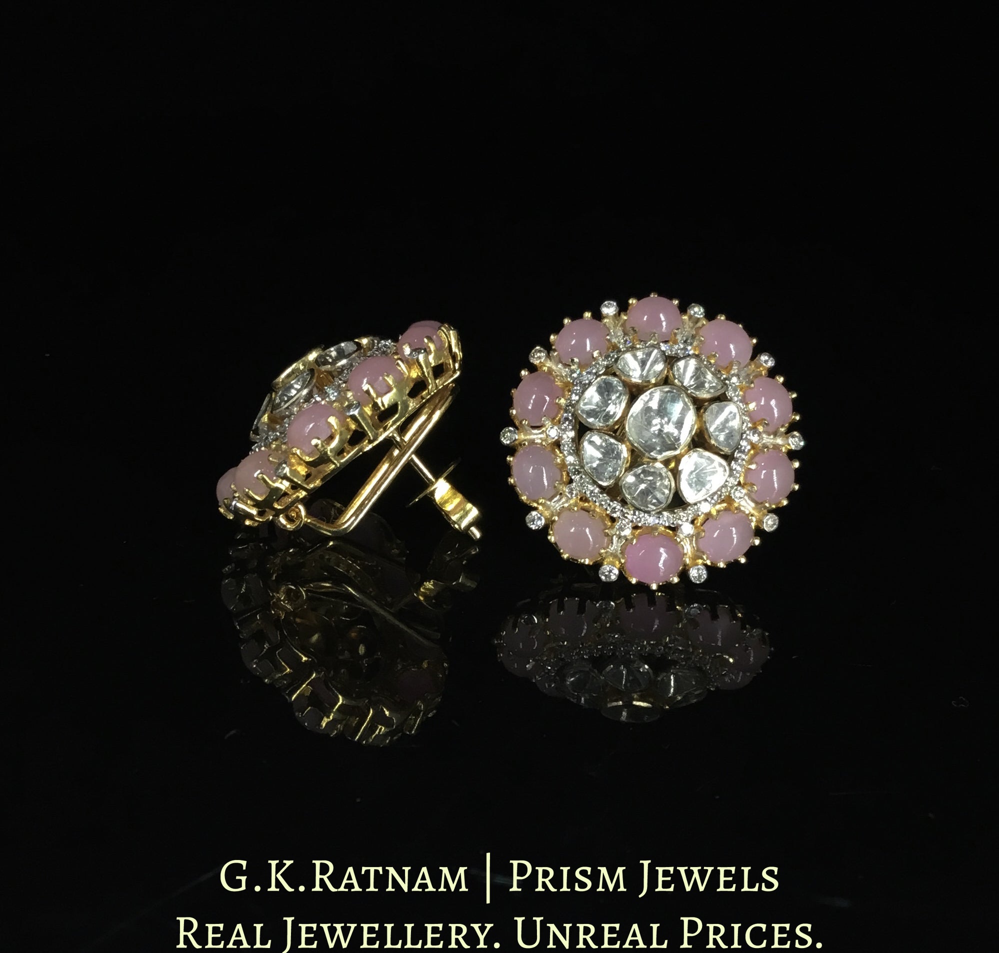 18k Gold and Diamond Polki Open Setting pink Pendant Set With Rose Quartz Beads