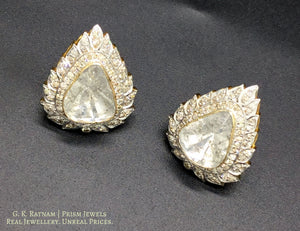 18k Gold and Diamond Polki Open Setting Tops / Studs Earring Pair with leafy diamond rim around large uncut diamonds - gold diamond polki kundan meena jadau jewellery
