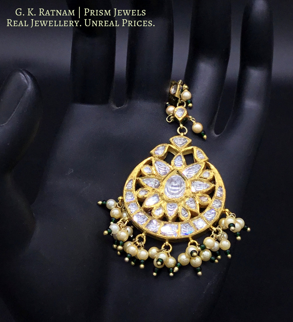 18k Gold and Diamond Polki big Maang Tika enhanced with pearls and a hint of green - gold diamond polki kundan meena jadau jewellery