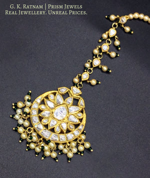 18k Gold and Diamond Polki big Maang Tika enhanced with pearls and a hint of green - gold diamond polki kundan meena jadau jewellery