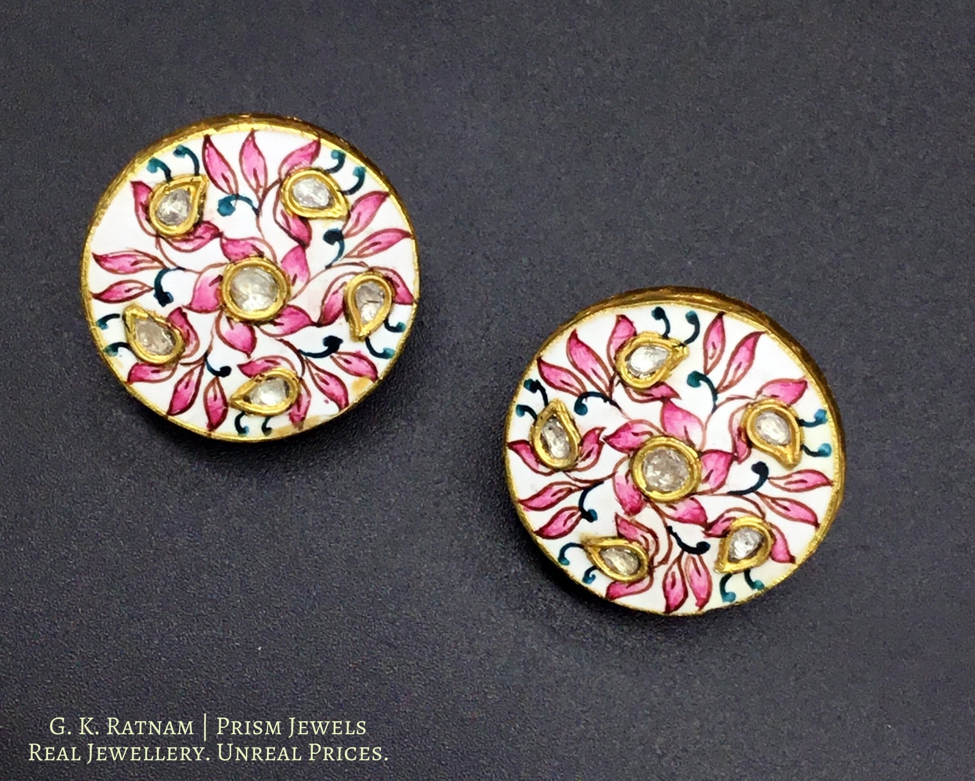 23k Gold and Diamond Polki Pendant Set with subtle gulabi (pink) meenakari - gold diamond polki kundan meena jadau jewellery
