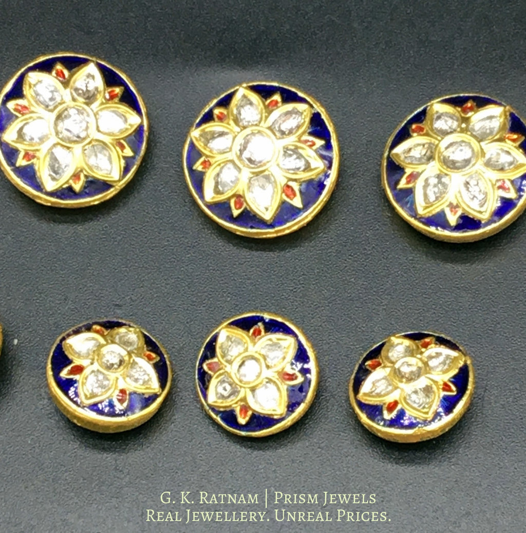 23k Gold and Diamond Polki blue enamel Sherwani Buttons for Men - gold diamond polki kundan meena jadau jewellery