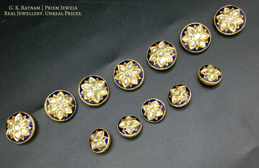 23k Gold and Diamond Polki blue enamel Sherwani Buttons for Men - gold diamond polki kundan meena jadau jewellery