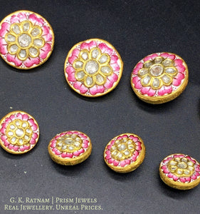23k Gold and Diamond Polki pink meena Sherwani Buttons for Men - gold diamond polki kundan meena jadau jewellery