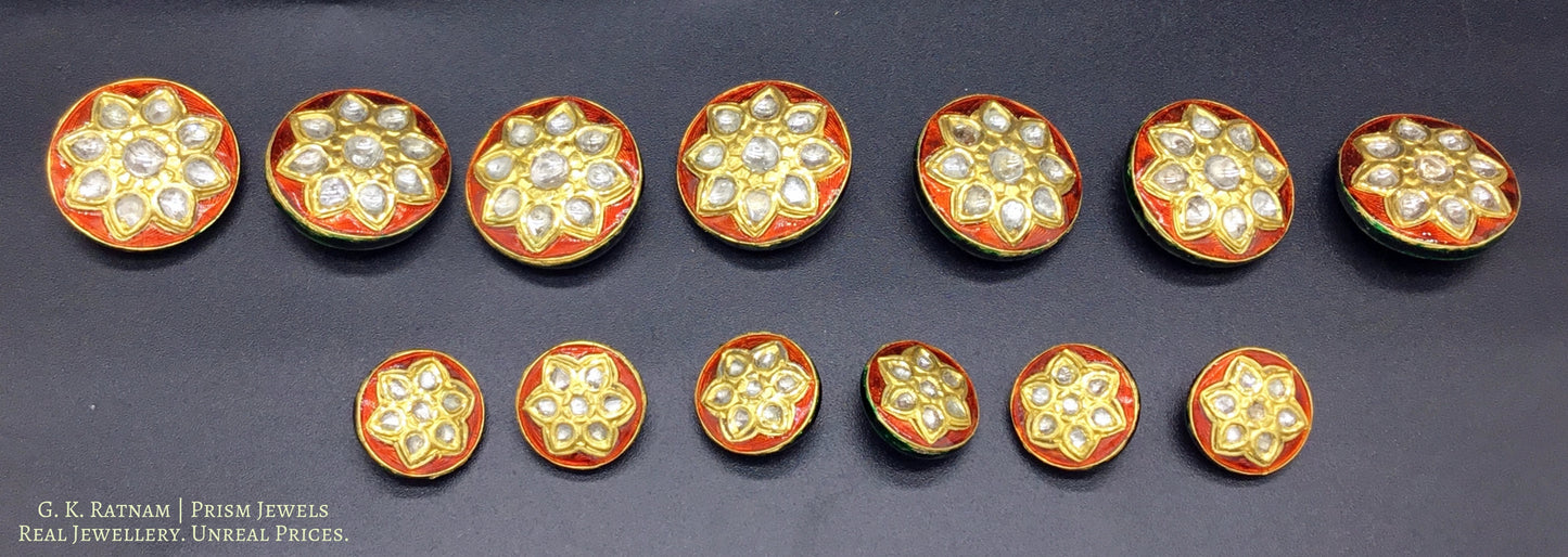 23k Gold and Diamond Polki red enamel Sherwani Buttons for Men - gold diamond polki kundan meena jadau jewellery