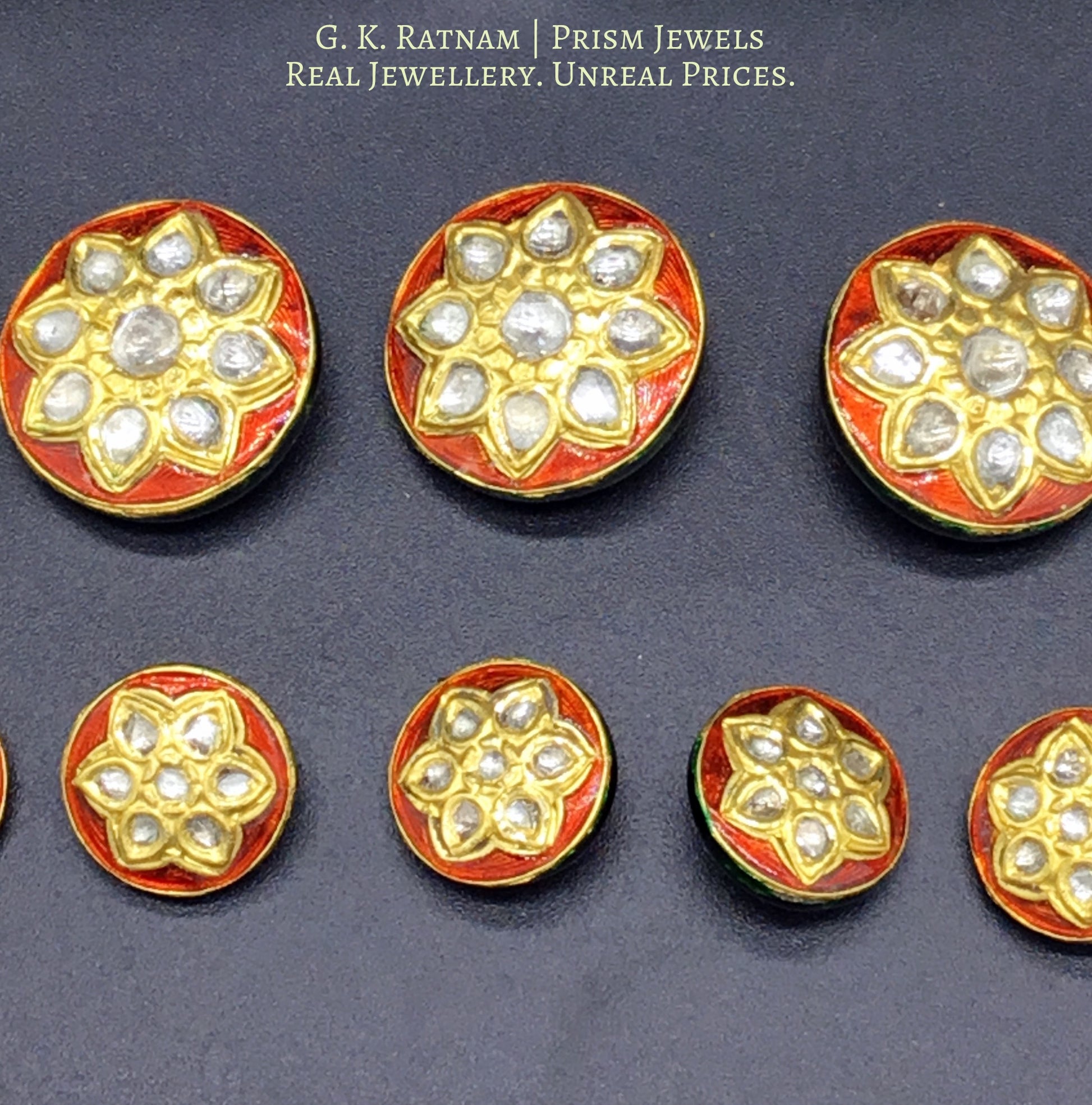 23k Gold and Diamond Polki red enamel Sherwani Buttons for Men - gold diamond polki kundan meena jadau jewellery